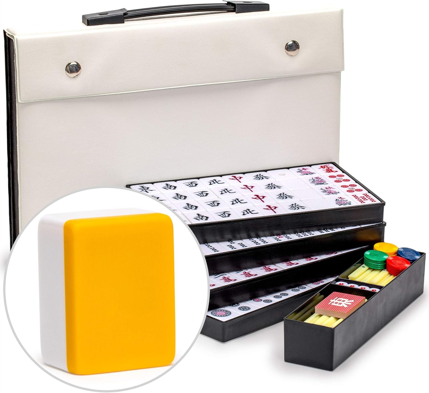 Yellow Mountain Imports Japanese Riichi Mahjong Set - White and Yellow Tiles and Vinyl Case - with East Wind Tile, Set of Betting Sticks, & Dice Pack of 2