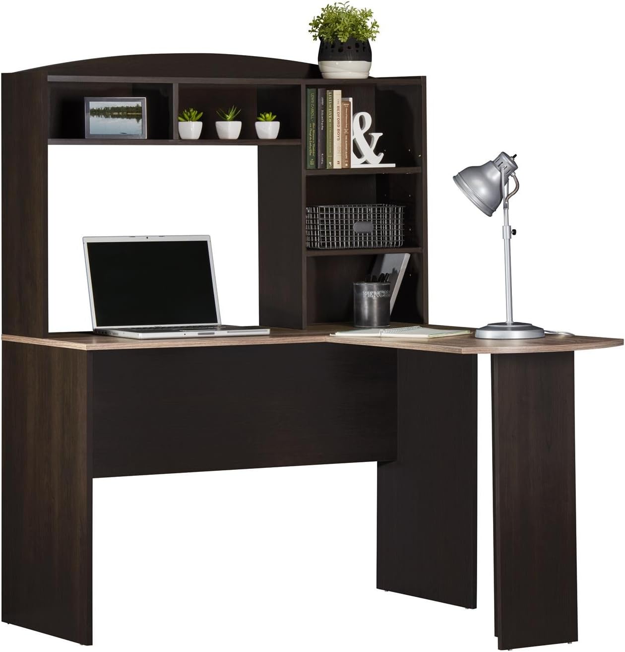 Ameriwood Home Dakota Space Saving L Desk with Hutch Espresso/Rustic Medium Oak