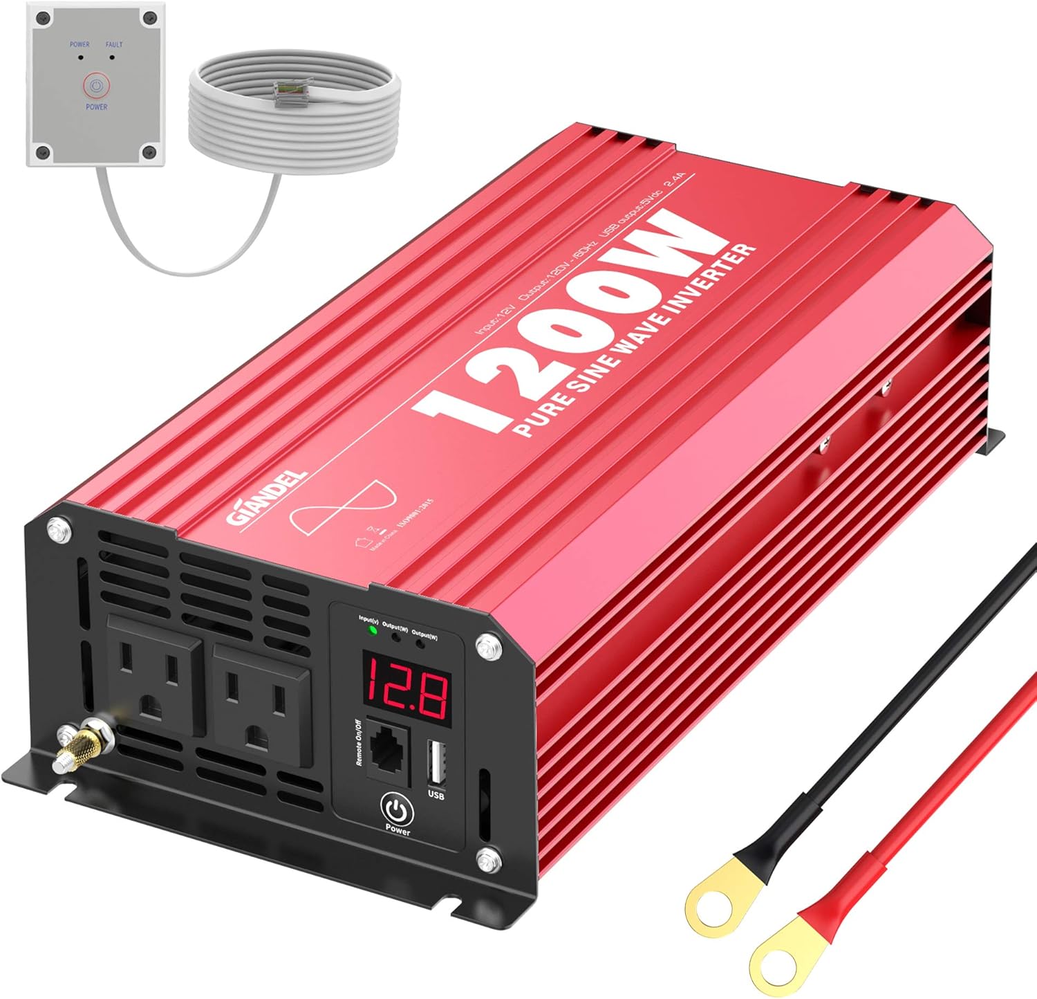 Power Inverter Pure Sine Wave 1200Watt 12V DC to 110V 120V with Remote Control Dual AC Outlets and USB Port for RV Car Solar System Emergency
