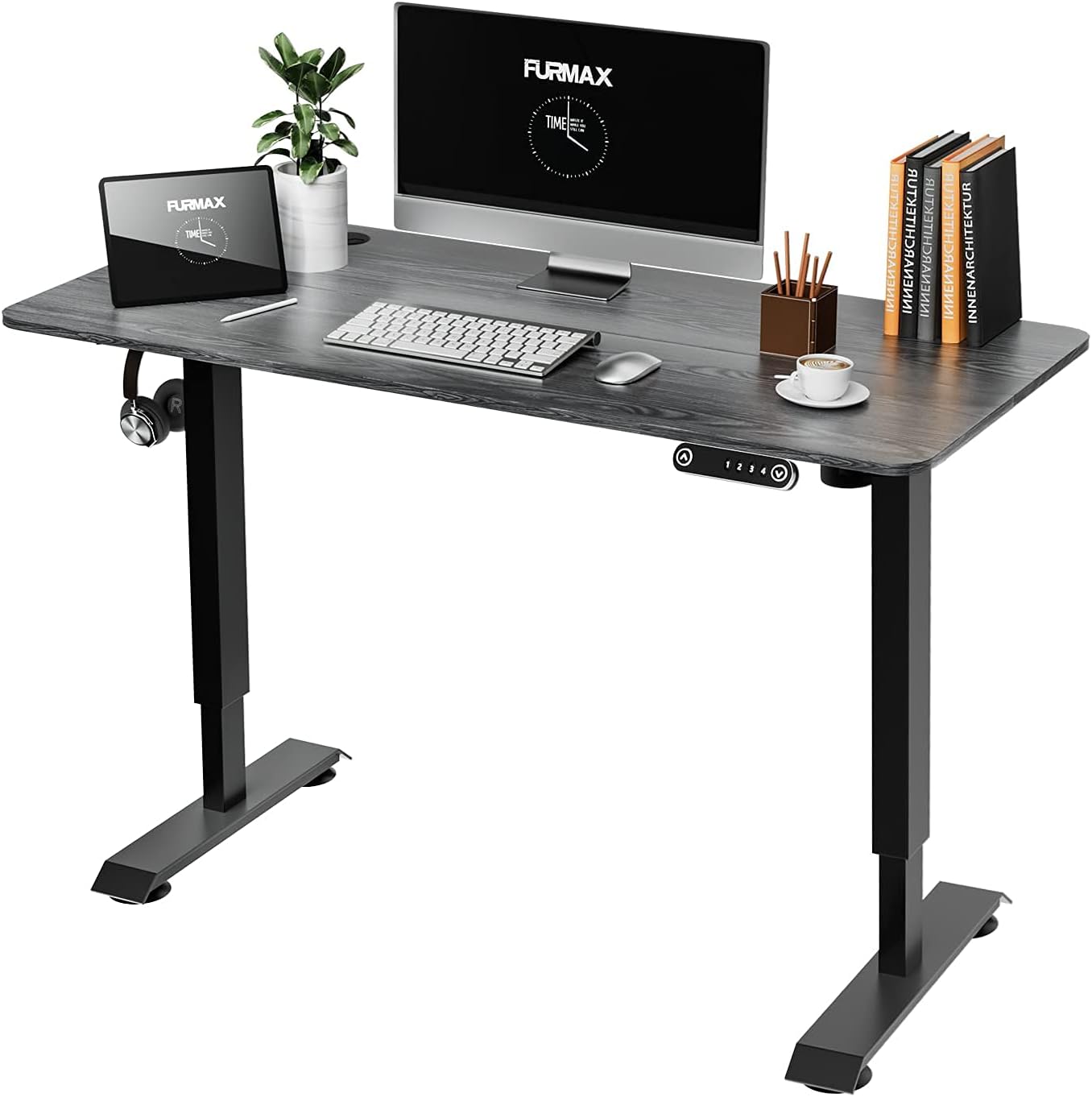 Furmax Electric Adjustable Sit Stand Home Office Desk Computer Workstation 43 x 24 inch with Preset Height Memory Controller Solid Wood Table Top (Black)