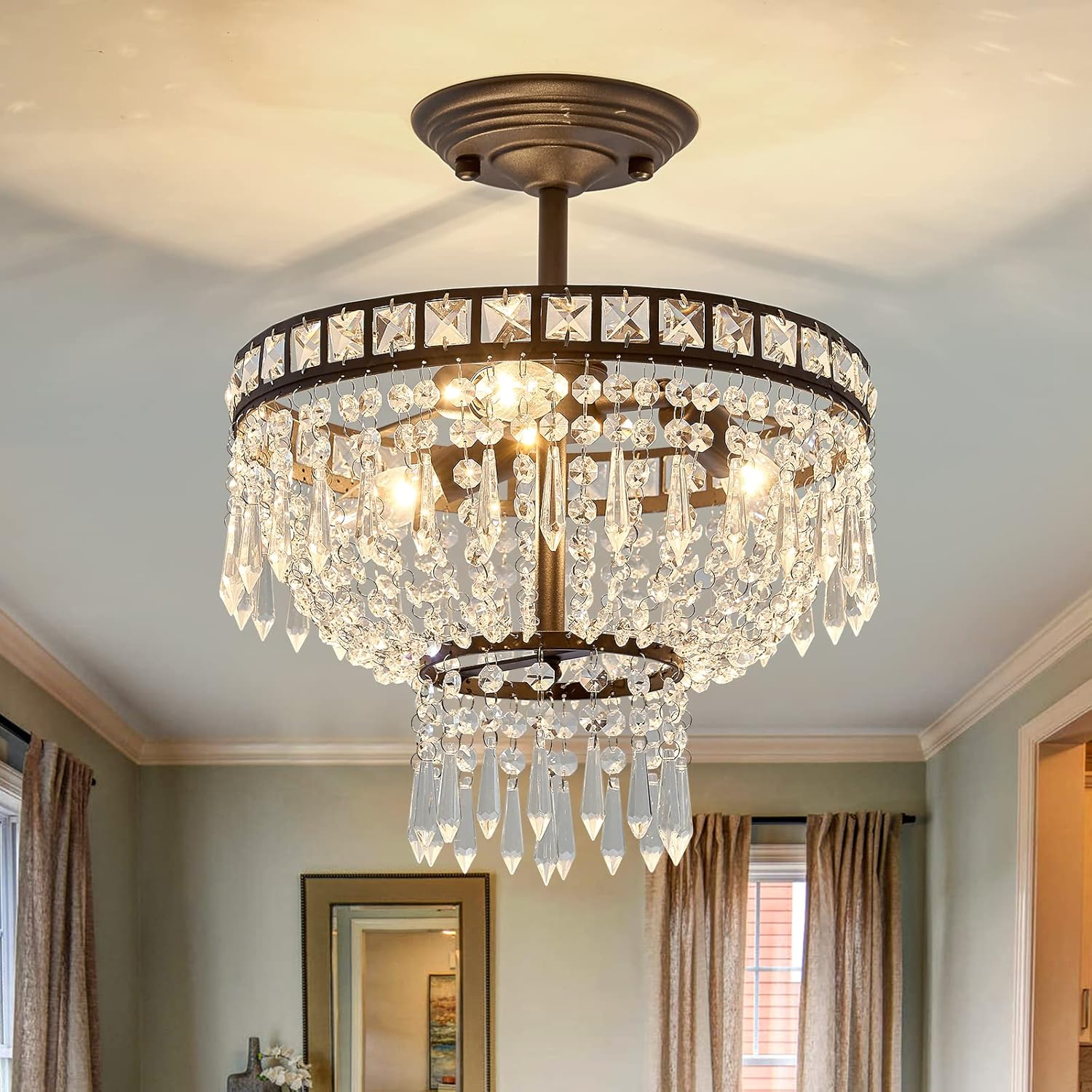 DAFKOS Modern Crystal Chandelier,3 Lights Semi Flush Mount Ceiling Light Fixture , Black Farmhouse Ceiling lamp for Bedroom Living Room Dining Room Entryway Hallway