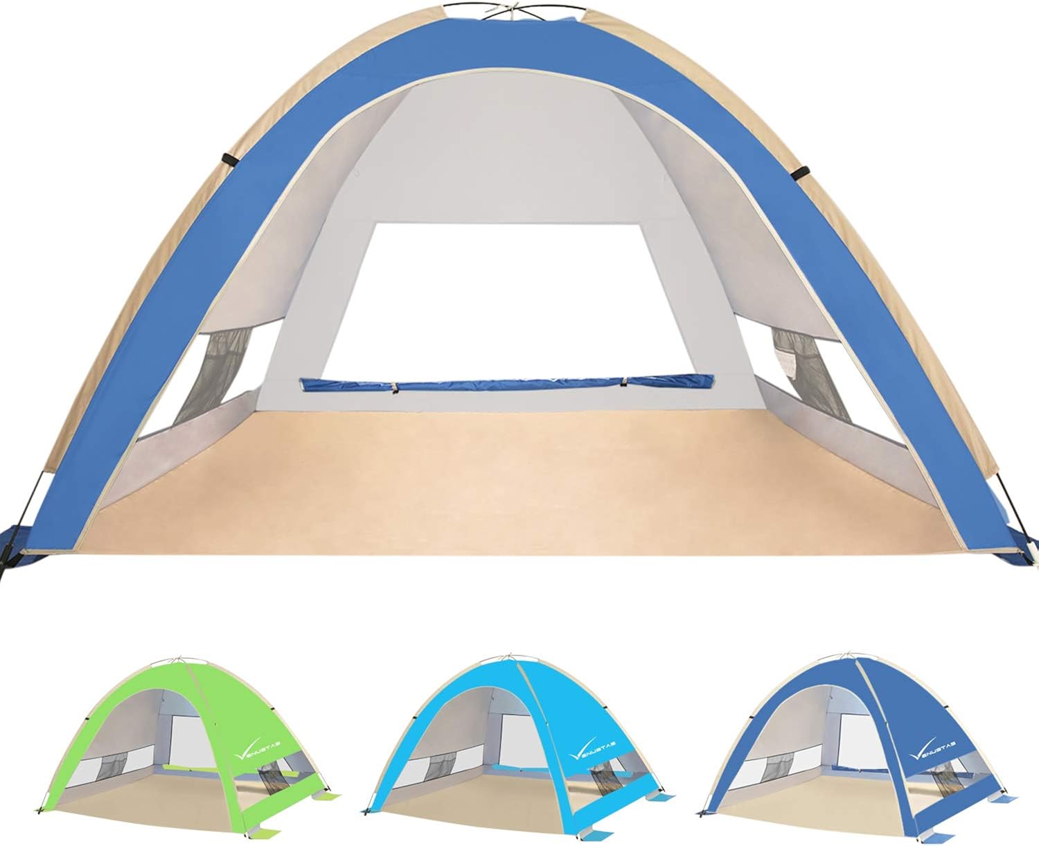 KEUMER Venustas Large Pop Up Beach Tent Automatic Sun Shelter Cabana Easy Set Up Light Weight Camping Fishing Tents 4 Person Anti-UV Portable Sunshade for Family Adults Pack of 2
