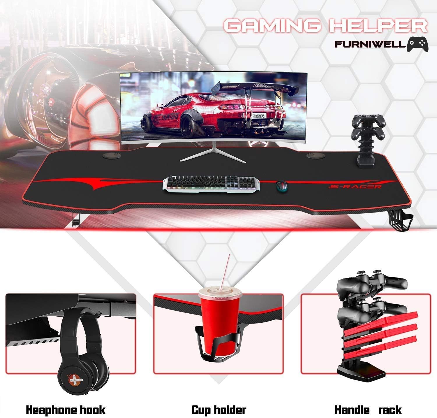 Furniwell 55 Inch Gaming Desk Racing Computer Desk Game Table Gamer Workstation Home Office Table T-Shaped with Free Mouse Pad,Gaming Handle Rack, Cup Holder and Headphone Hook (55 Inch)