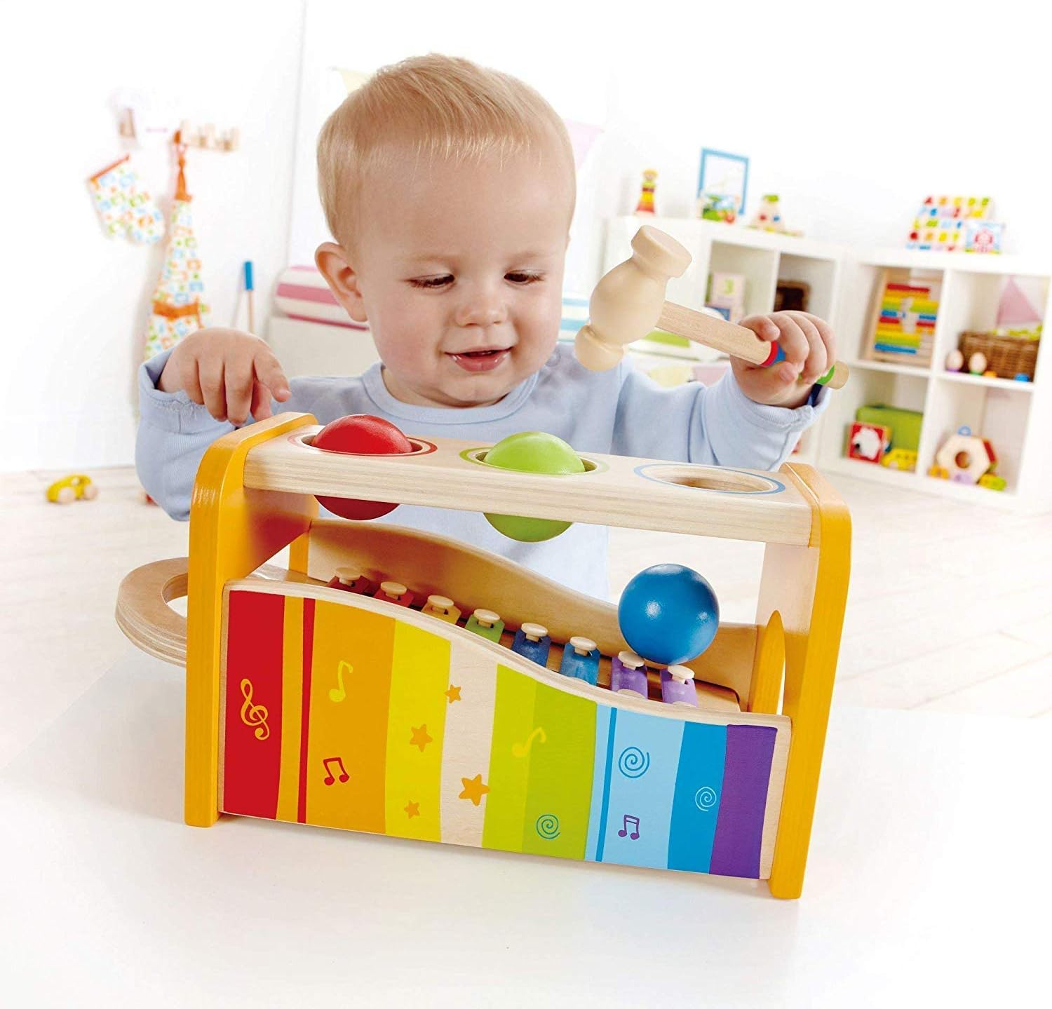 Hape Pound, Tap, & Shake! Music Set - Award Winning Wooden Pounding Bench, Baby Xylophone, and Tap Along Tambourine - Developmental, Non-Toxic, Montessori Musical Toys for Toddlers 1 - 4 Years Old Pack of 2