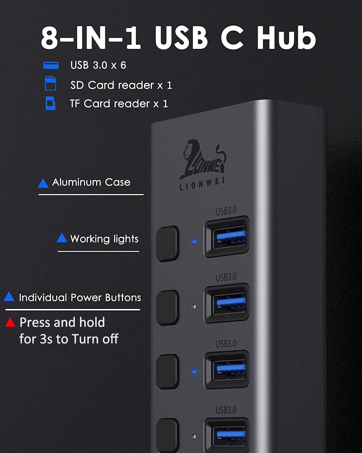 Universal 8-Port Powered USB 3.0/USB C Hub, Aluminum USB Splitter with 6 USB 3.0 Data Ports, SD/TF Card Readers, On/Off Power Switches, AC Adapter, for PC, Laptops, MacBook Pro/Air, Surface Pro, HP