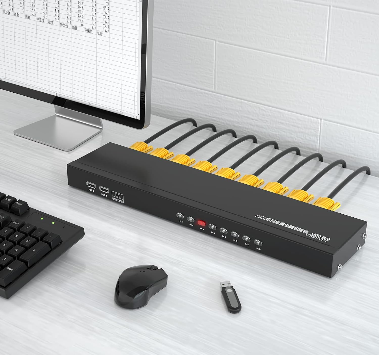 Yinker VGA KVM 8 Port, USB VGA Rackmount KVM + 8 KVM Cables + 3 USB Hubs + Wired Desktop Selector + Rack Mount Ears