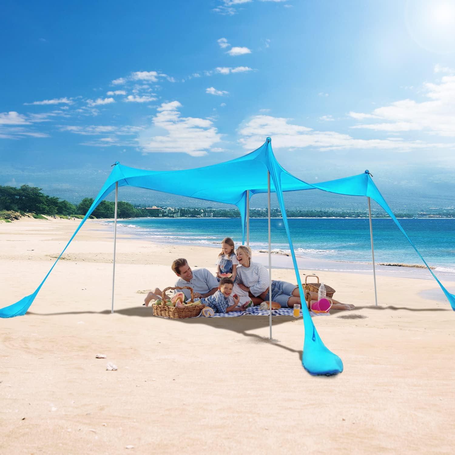 KMM Beach Tent Sun Shade with UPF50+ UV Protection,10X10ft Beach Canopy with 4 Poles, Pop Up Sun Shelter for Beach, Camping, Fishing, Backyard and Picnics