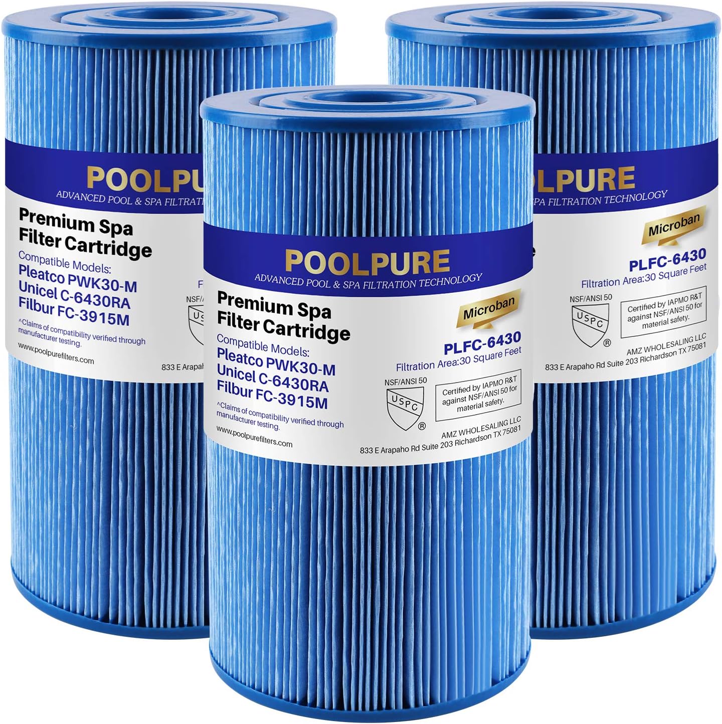 POOLPURE C-6430RA Antimicrobial Spa Filter Replaces Watkins 31489, Compatible Pleatco PWK30-M, Filbur FC-3915M, P/N0969601, 71825, 73178, 73250, 3 Pack. Pack of 2