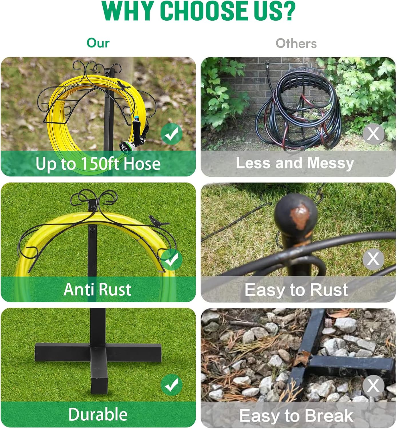 GARTOL Garden Hose Holder Stand Holds 125Ft Hose Detachable Rustproof Hose Hanger Heavy Duty Metal Decorative Water Hose Storage With Ground Stakes Free Standing For Garden Lawn Yard Outside Black Pack of 2