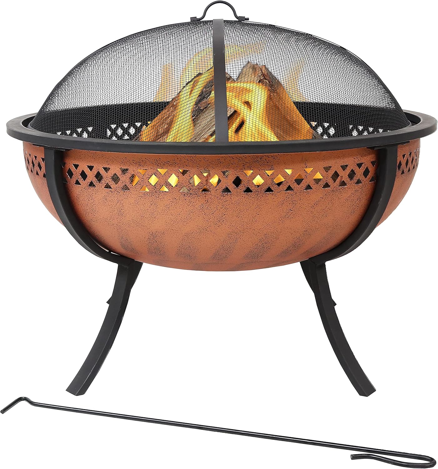 Sunnydaze Steel Fire Pit Bowl with Crossweave Border Cutout - Outdoor Metal Wood-Burning Fire Feature with Poker and Spark Screen for Patio and Backyard Bonfire - Copper Finish - 32.25-Inch