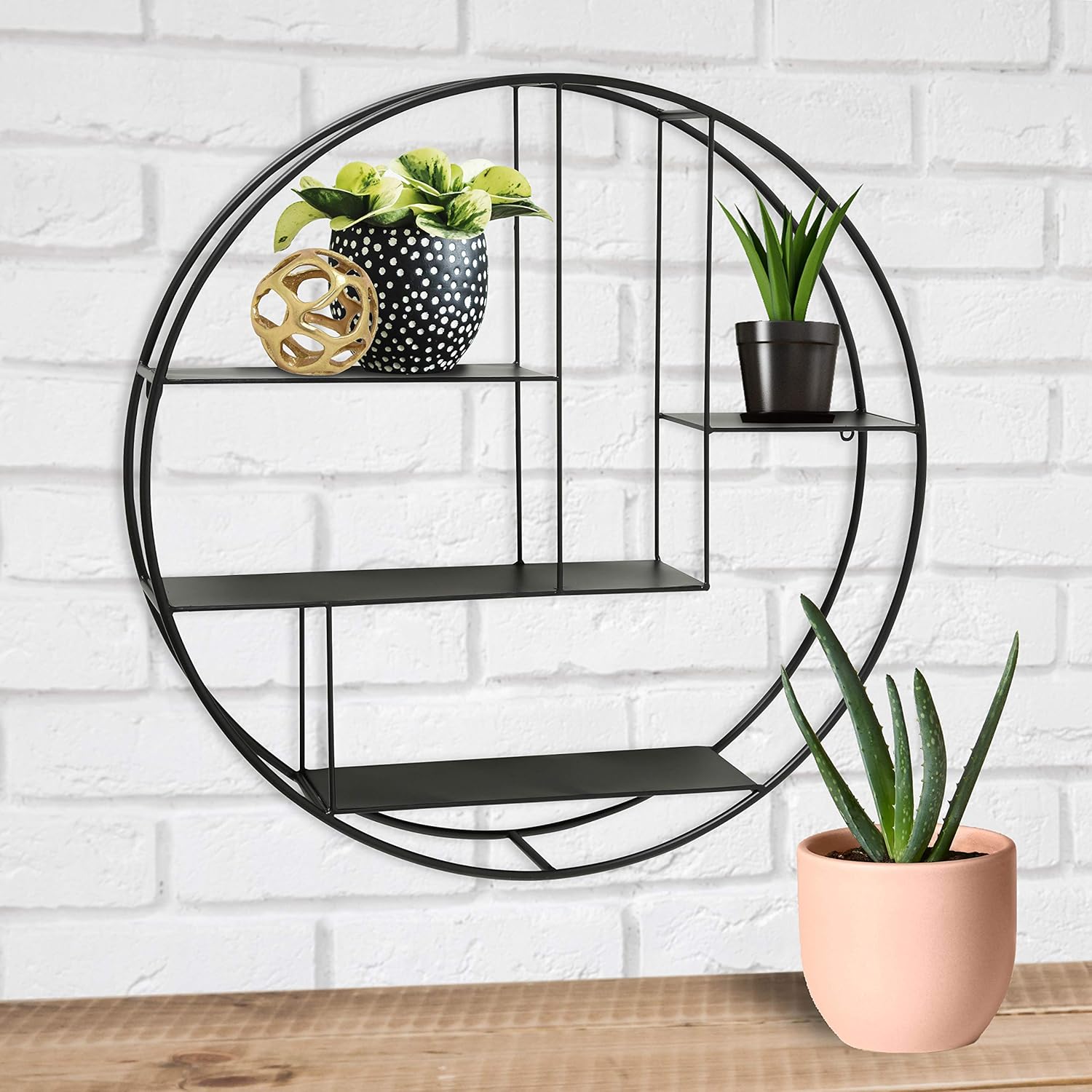 WHW Whole House Worlds Industrial Round Metal Wall Shelf, 4 Levels, Floating, Scandi Contemporary Style, Black Iron, 29 Inches Diameter