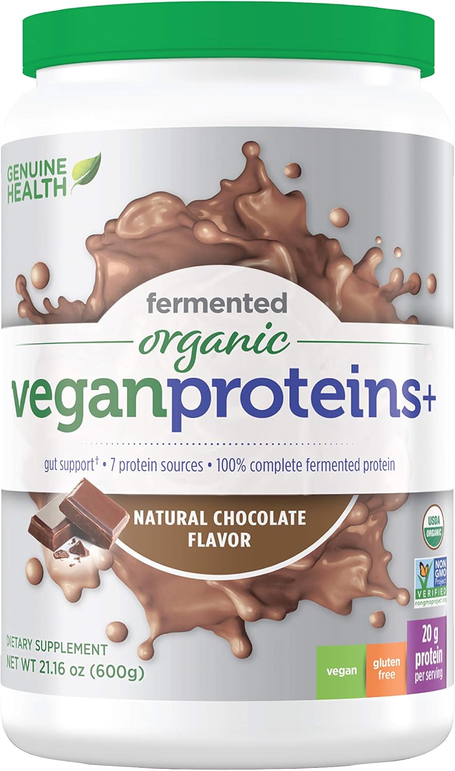 Genuine Health Fermented Organic Vegan Proteins+, Unflavored Protein Powder, 20g Protein, 21.16 Ounce Tub, 20 Servings Pack of 2