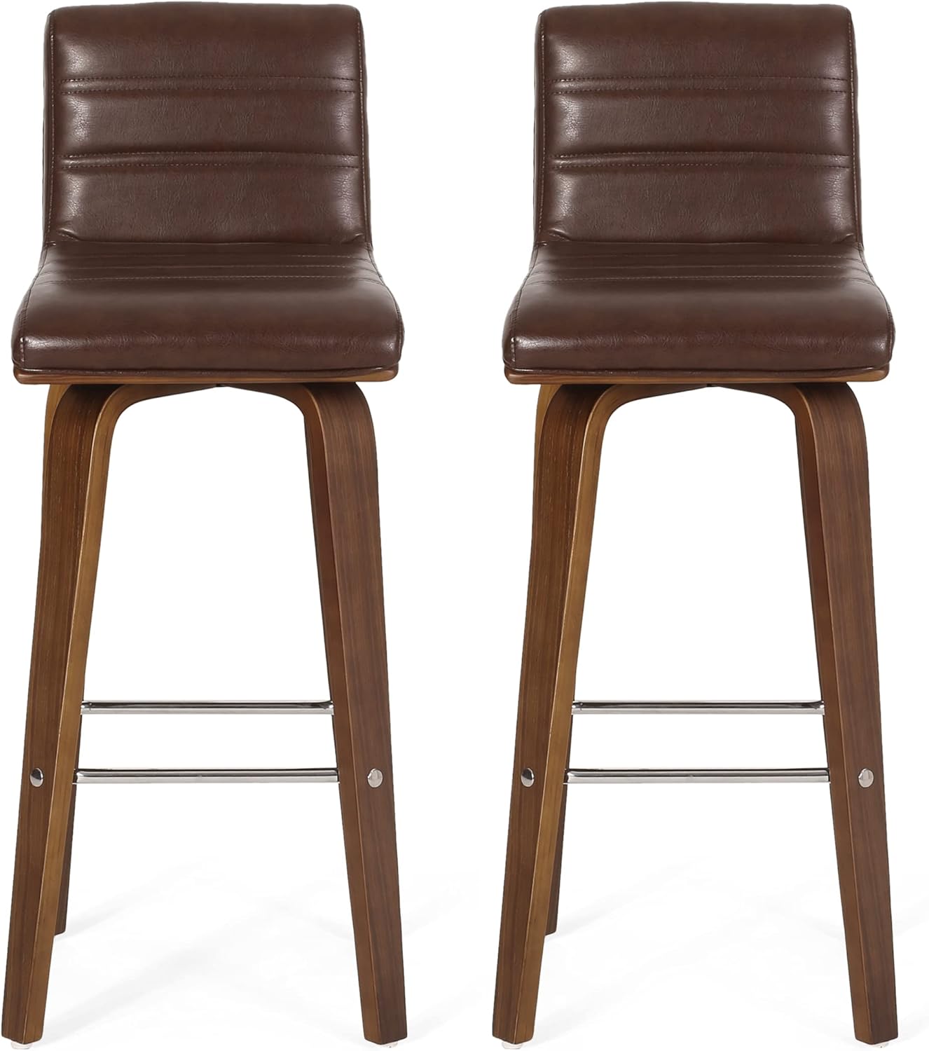 Hargis Channel Stitch Bentwood Swivel Barstools - Cognac Brown/Walnut (Set of 2)