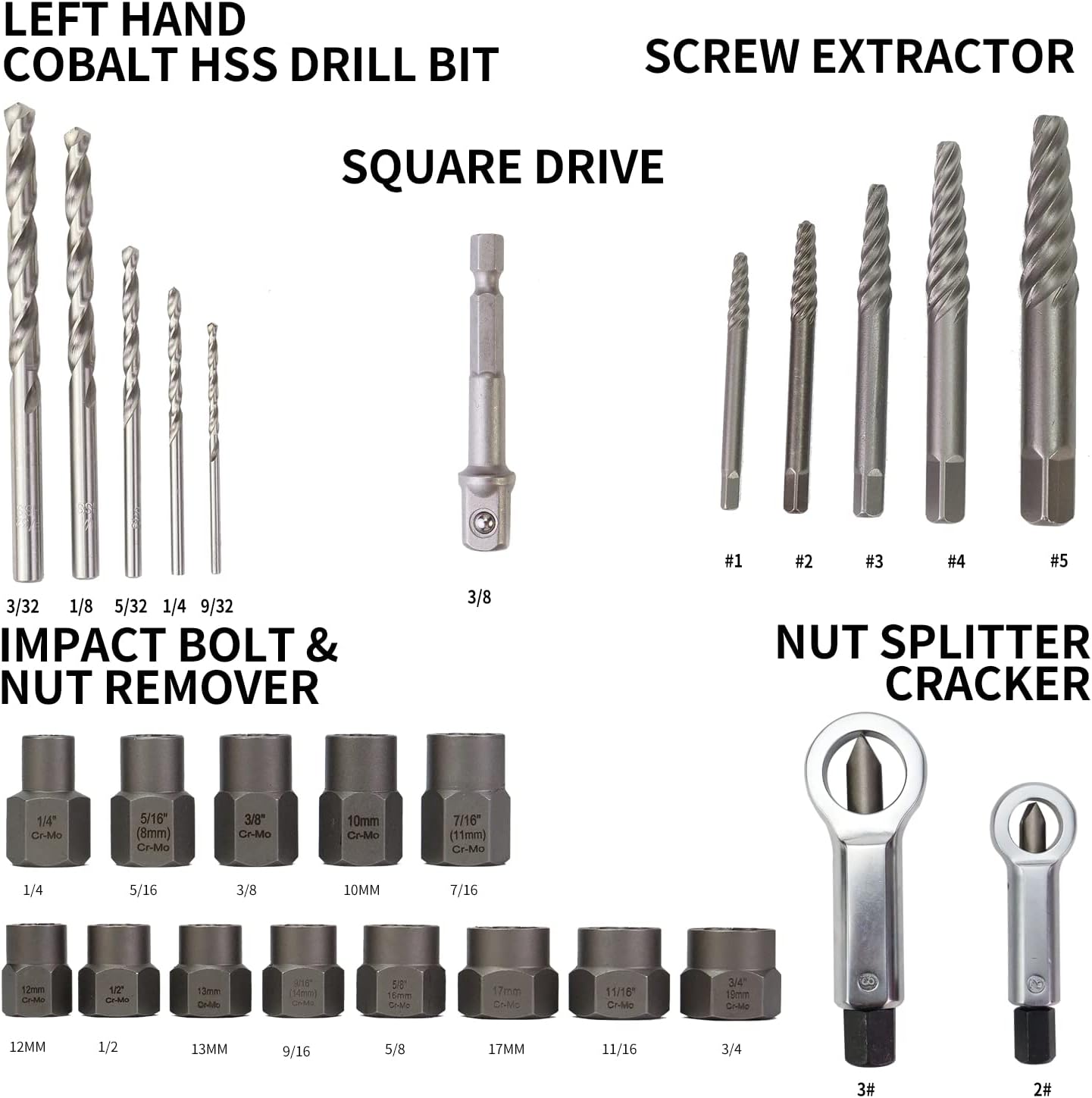 Luckyway 26-Piece Impact Bolt & Nut Remover, Spiral Screw Extractor with 3/8 Drive Impact and Drill Bit, Metal Nut Splitter Cracker Set for Removing Broken Studs, Bolts, Socket Screws, and Fittings