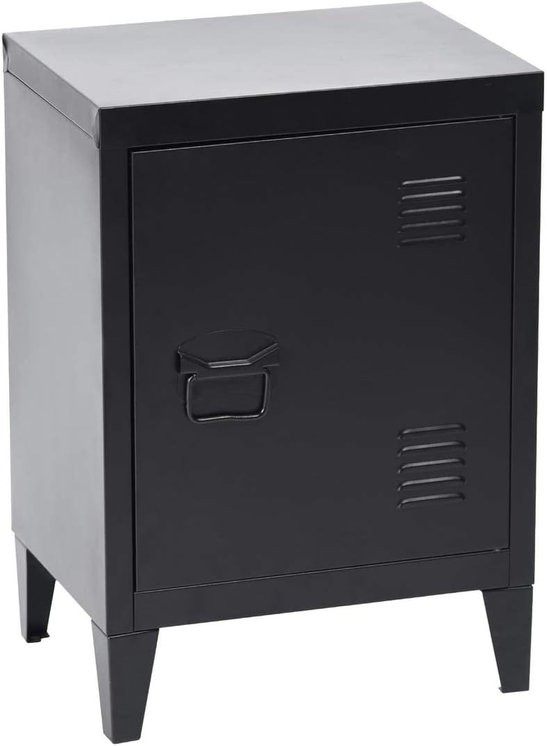 FurnitureR Black Metal Storage Cabinet, Small Side End Table, Bedroom Nightstand Sideboard Cupboard Console Stand