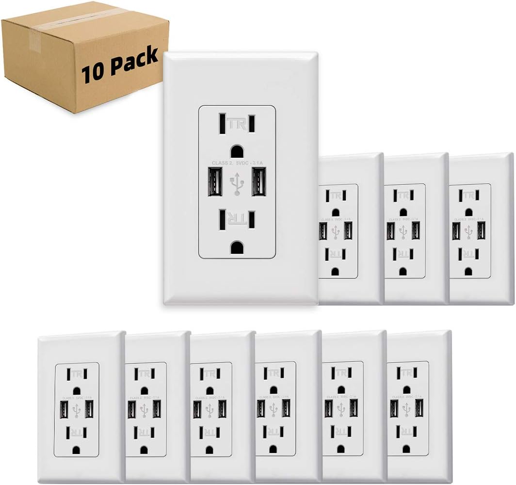 USB Charger Wall Outlet Dual High Speed Duplex Receptacle 15-Amp, Smart 3.1A Quick Charging Capability, Tamper Resistant Outlet Wall Plate Included MICMI C10, White 10pack