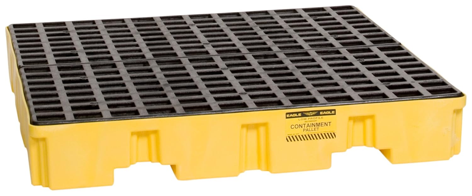 Eagle 1645 Yellow and Black Polyethylene 4 Drum Low Profile Spill Containment Pallet with Flat Top Grating, 8000 lbs Load Capacity, 51.5