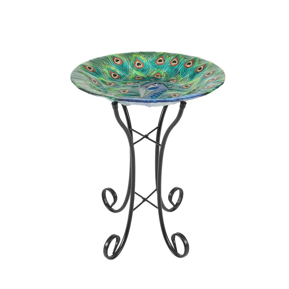 LuxenHome Peacock Glass Bird Bath with Metal Stand