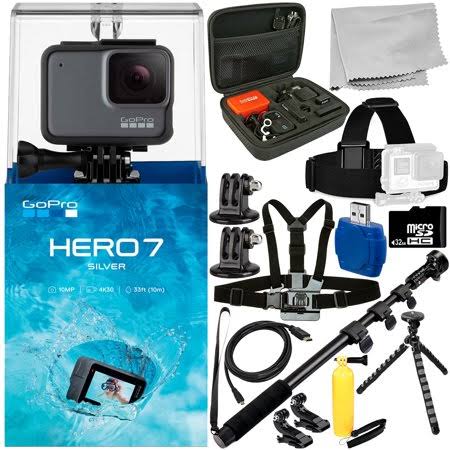 GoPro Hero7 Hero 7 Silver 15pc Accessory Bundle - Includes 32GB microSD Memory Card + High Speed Memory Card Reader + Heavy Duty