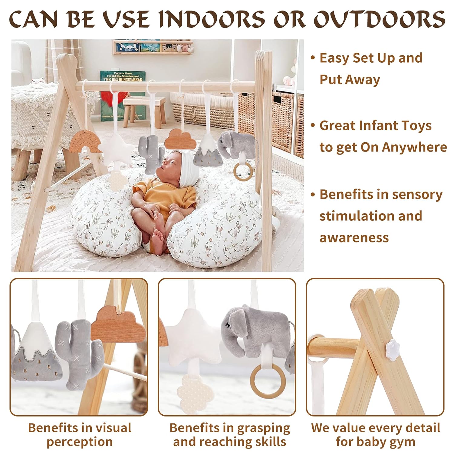 Crisschirs Wooden Baby Gym with 6 Wooden Baby Toys Foldable Baby Play Gym Pack of 2