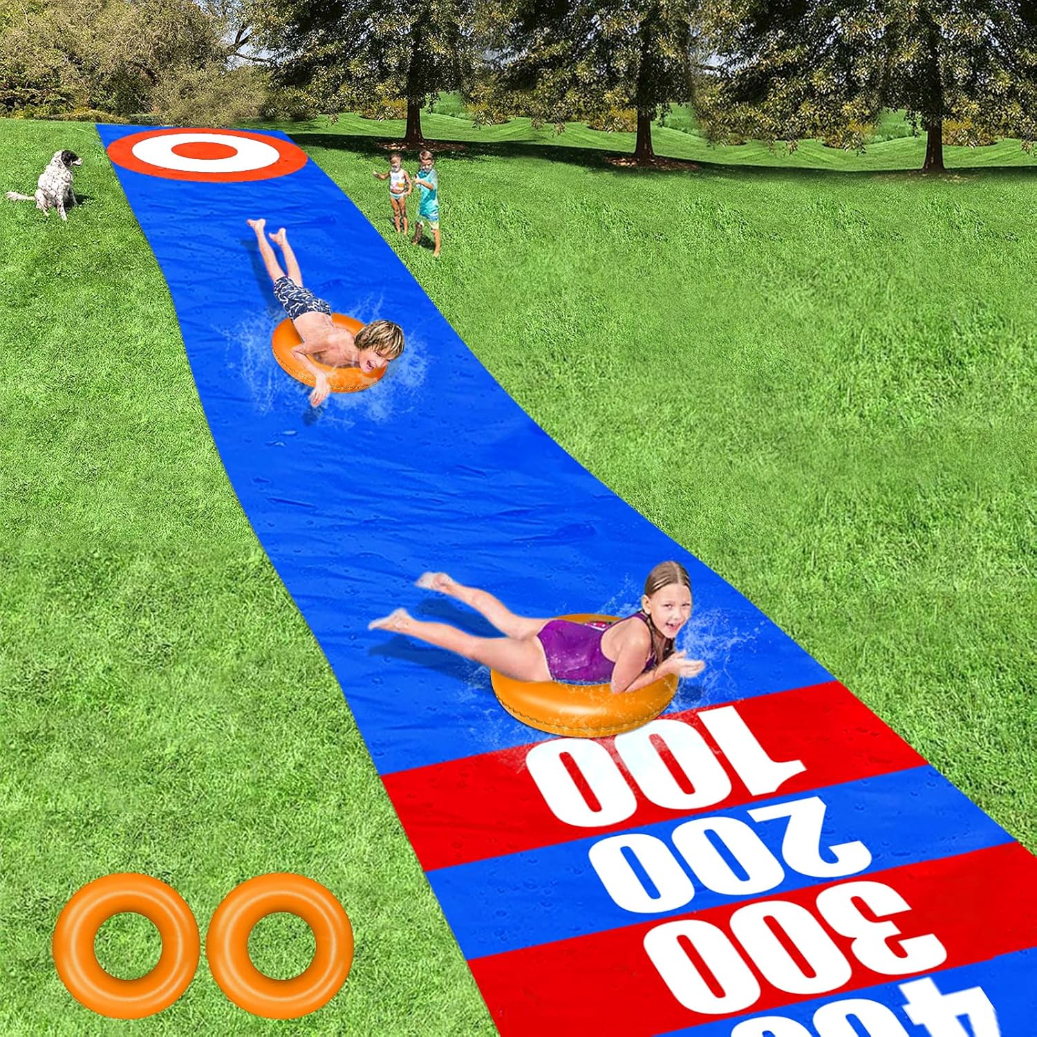 AUBESTKER Kids Slip and Slide Water Slide 33 FT Backyard Water Toys Giant Waterslide with Inflatable Pool Float Ring Score & Curling Game Design Slipping Slides for Adults Yard Games