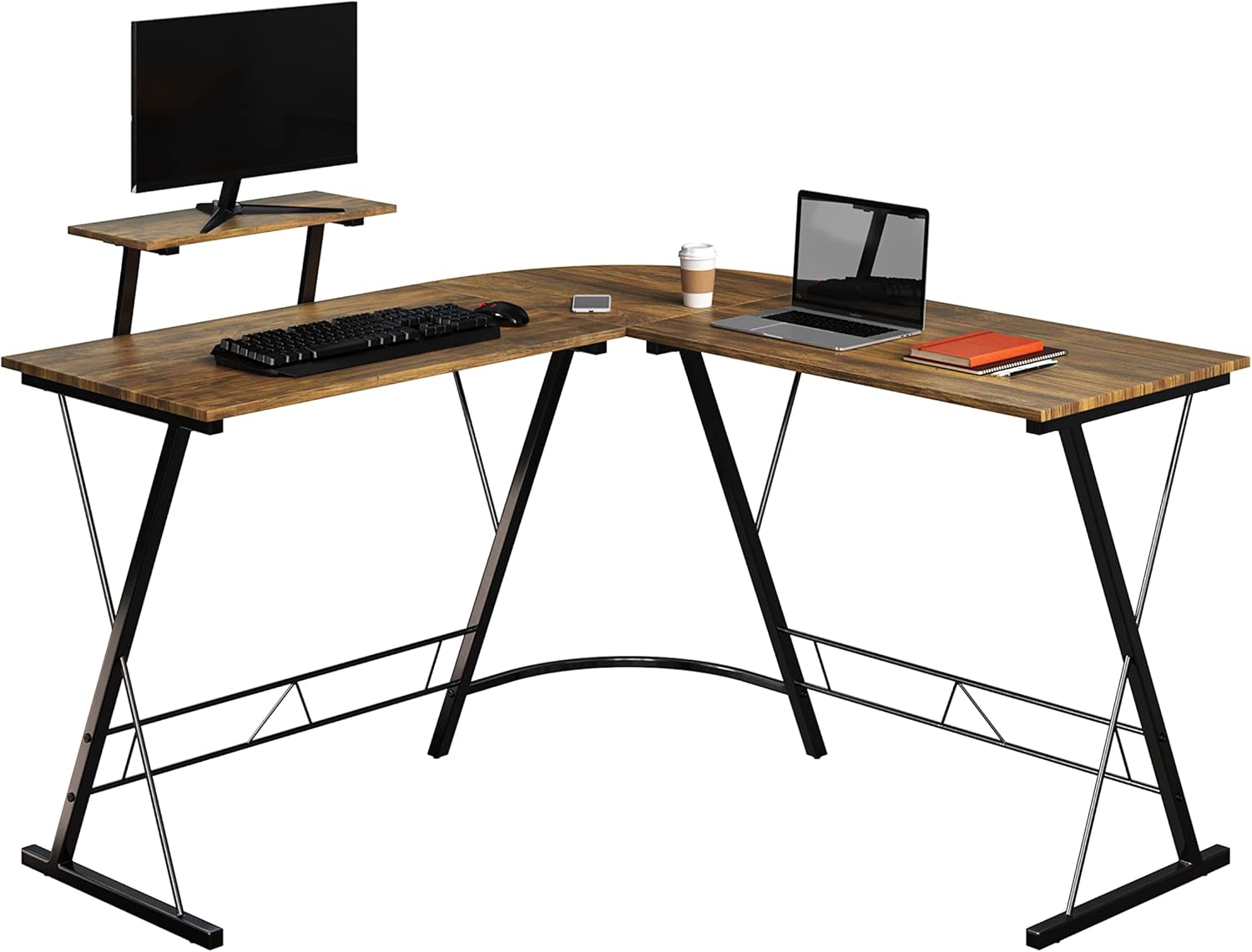 Lavish Home 80 Wood L Shaped Computer Desk with Monitor Stand for Home Office, Bedroom, or Craft Table, Rustic Brown & Black