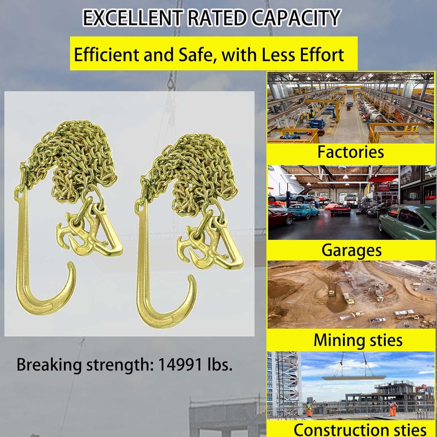 BLACKHORSE-RACING Grade 70 5/16 Inch x 10 Feets Transport Tow Chain J Hook Long Shank w/R T J Grab Hook Yellow Zinc - 3,700 lbs. Safe Working Load