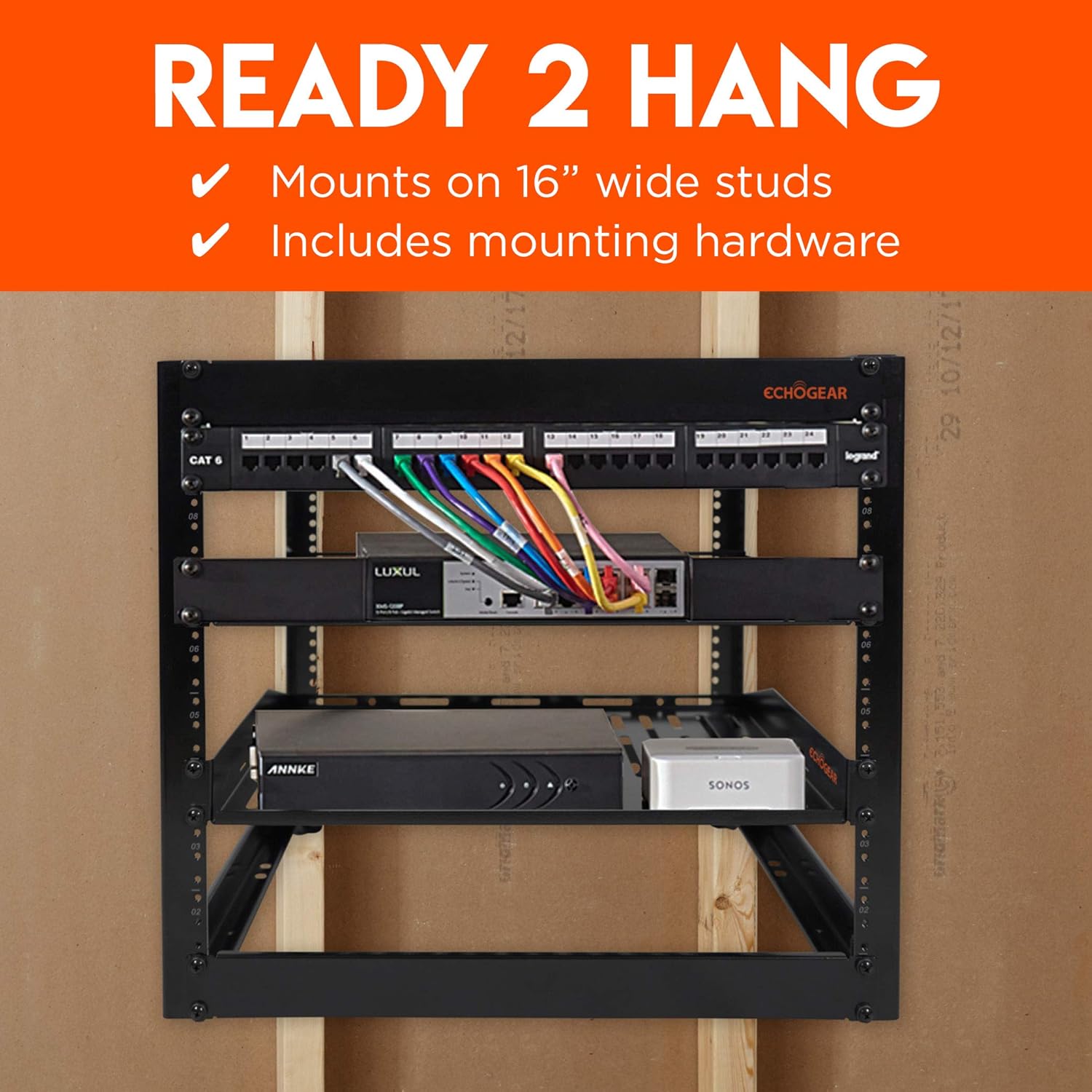 ECHOGEAR 10U Open Frame Rack - Wall Mountable Heavy Duty 4 Post Design Holds All Your Networking & AV Gear - Includes 2 1U Vented Shelves & Mounting Hardware