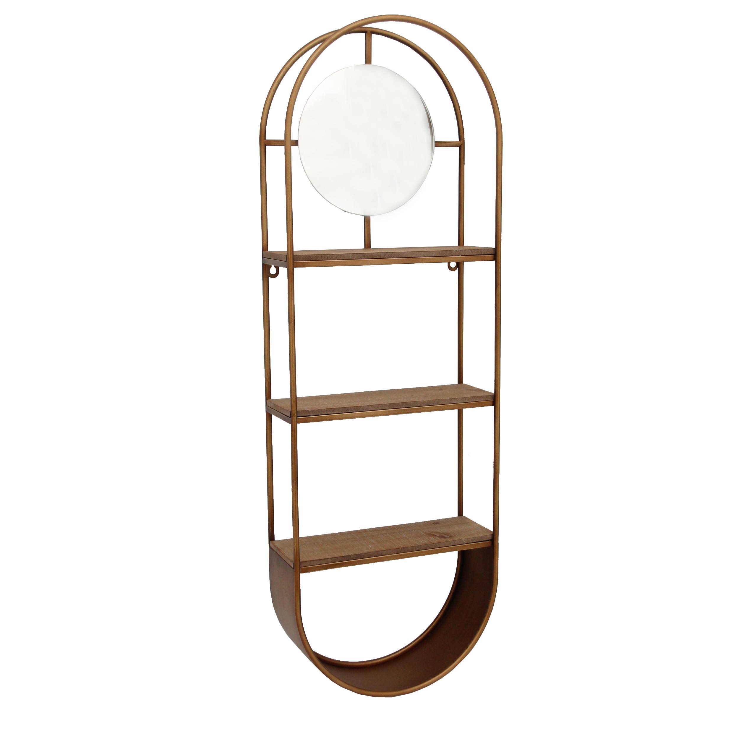 obround Shape Metal Wall Shelf with 3 Display Space, Brown and Silver