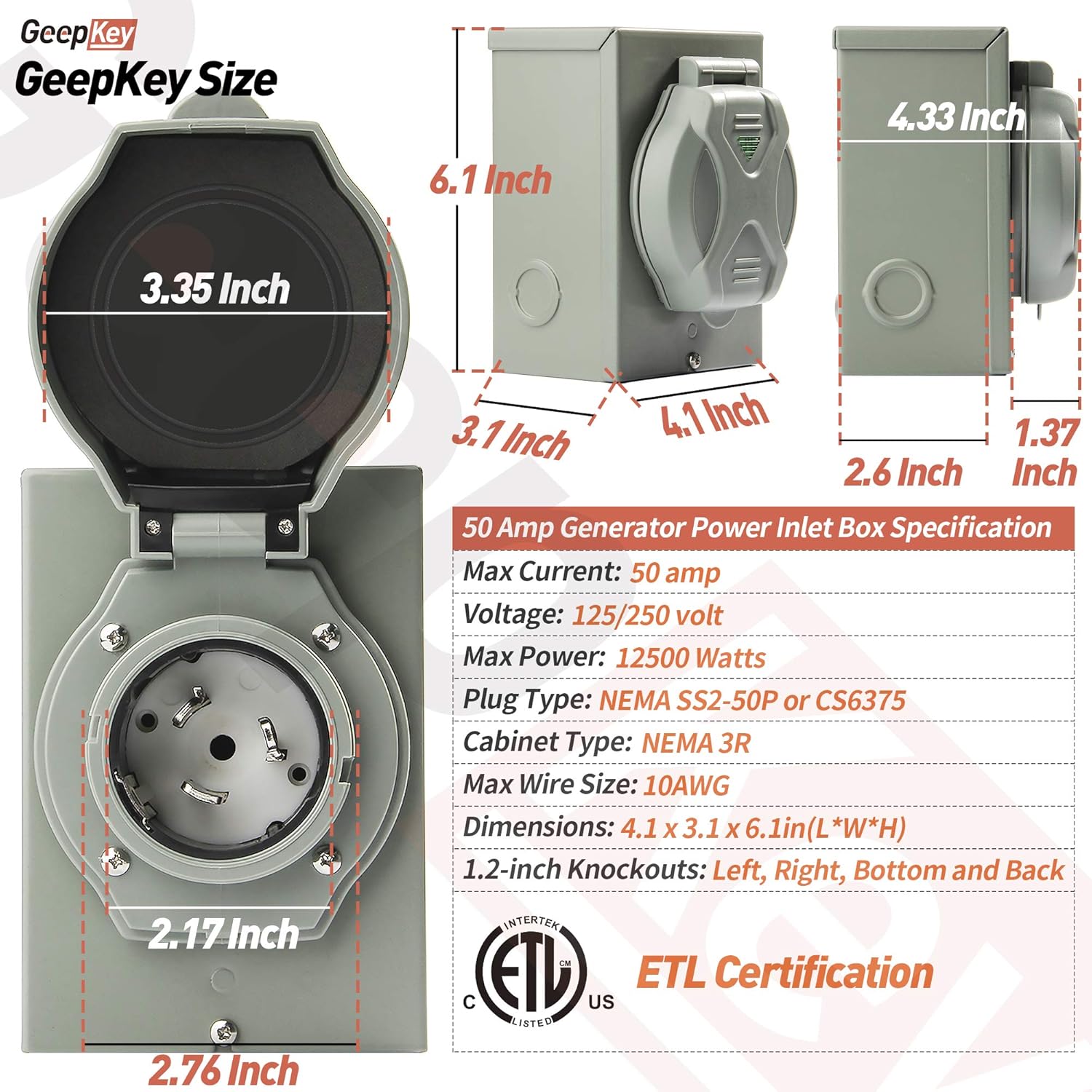 GeepKey Latest 50 Amp Generator Power Inlet Box, NEMA 3R Generator Receptacle 50 Amp, NEMA SS 2-50P PB50 Weatherproof Inlet Box, 125/250 Volt,12500 Watts Generator Transfer Switch, ETL Listed Pack of 2