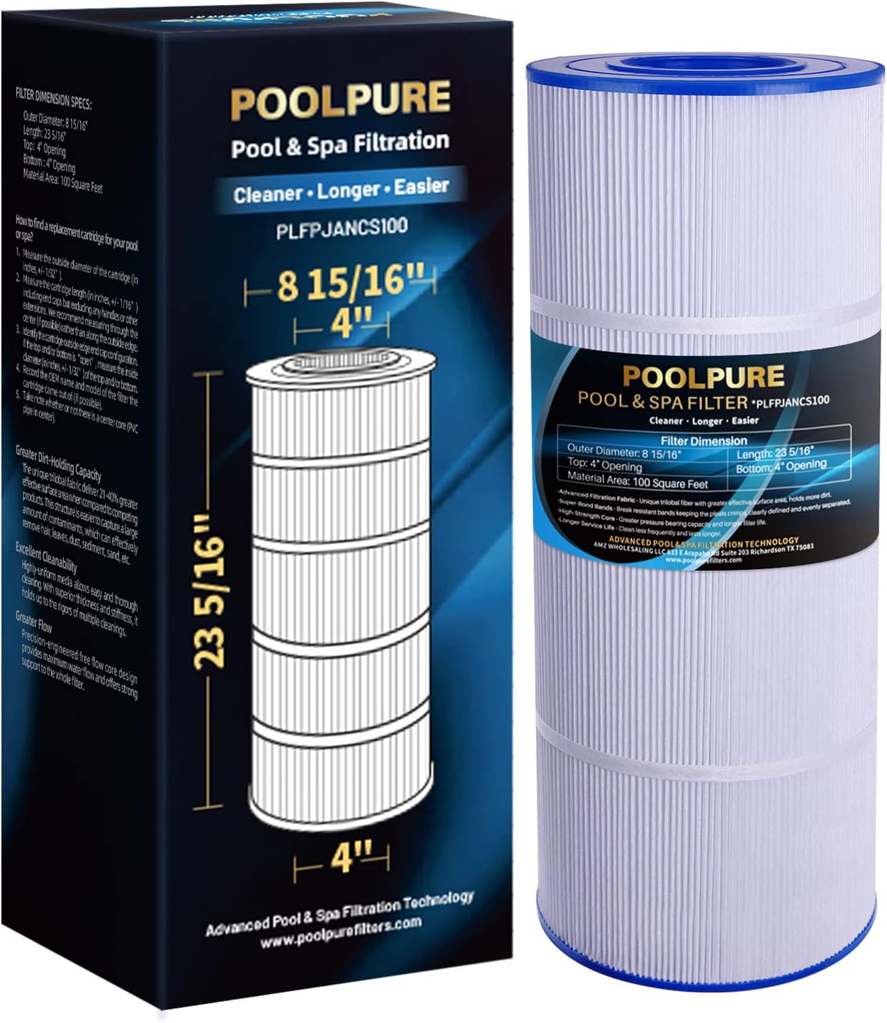 POOLPURE PLFPJANCS100 Pool Filter Replaces Jandy CS100, R0462200, PJANCS100, Unicel C-8410, Filbur FC-0821, 1 Pack
