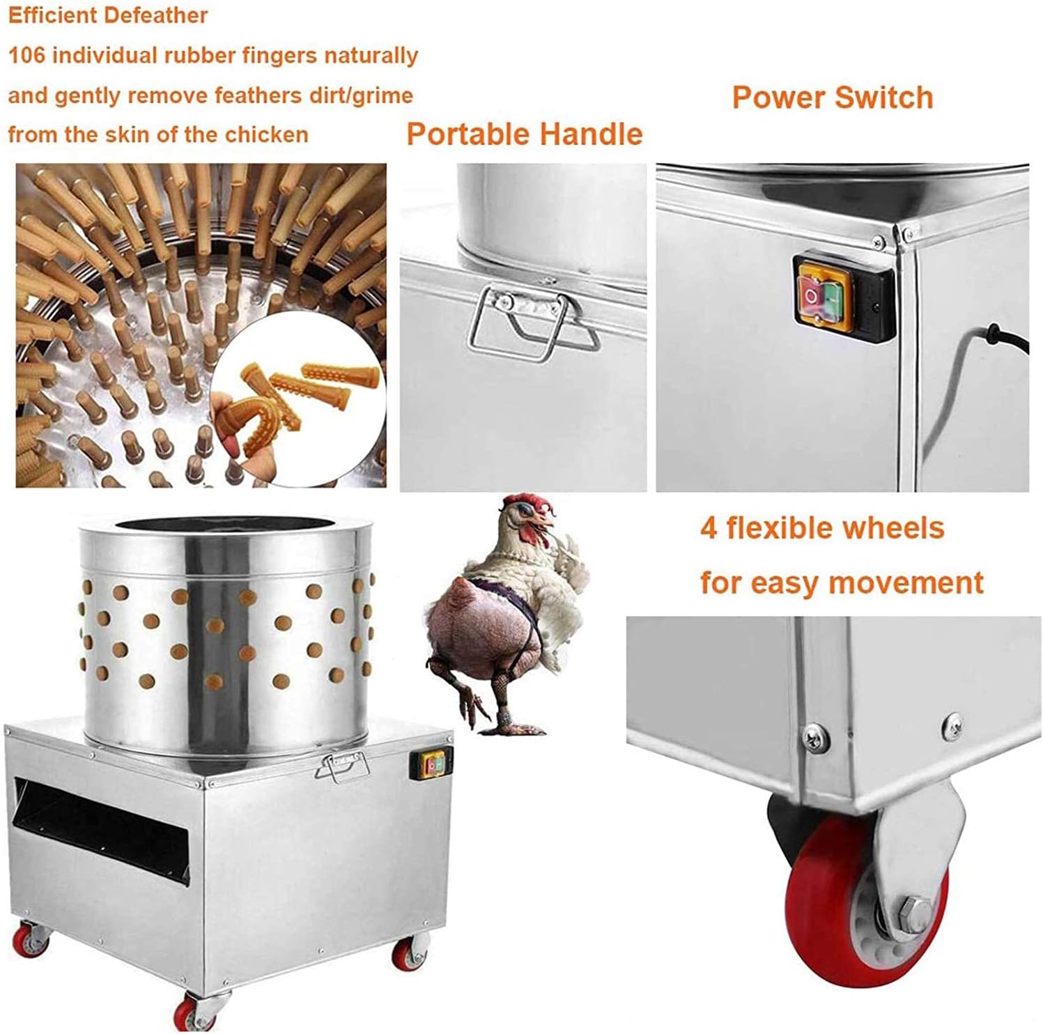 WWahuayuan 20 Inch Stainless Steel Chicken Plucker Machine, 2HP 110V Plucking Machine De-Feather, 1500w 275r/min - Ideal for Poultry Chicken, Bird, Duck, Turkey.