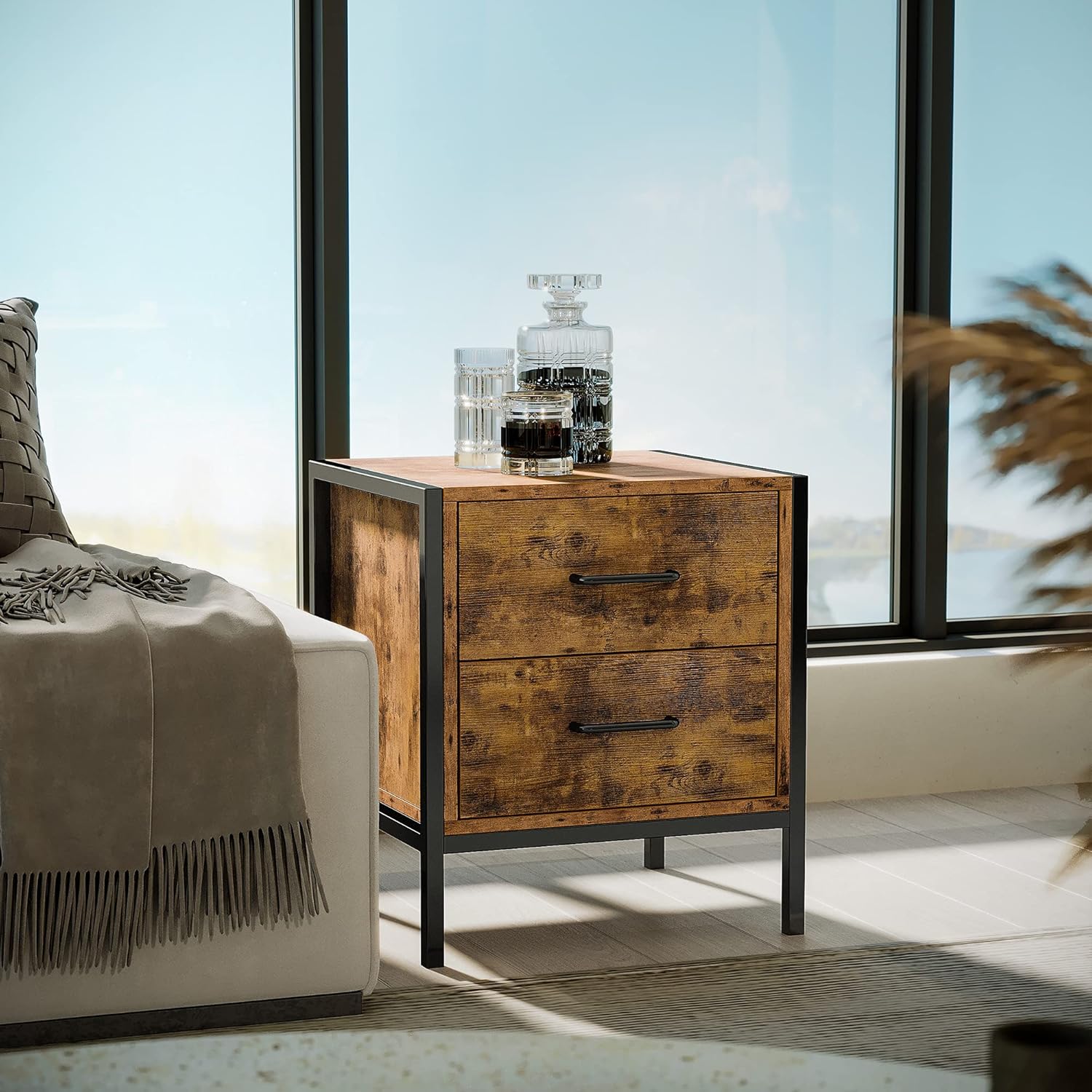 IRONCK Industrial Nightstand,End Tables Living Room with Storage,2 Drawers,17