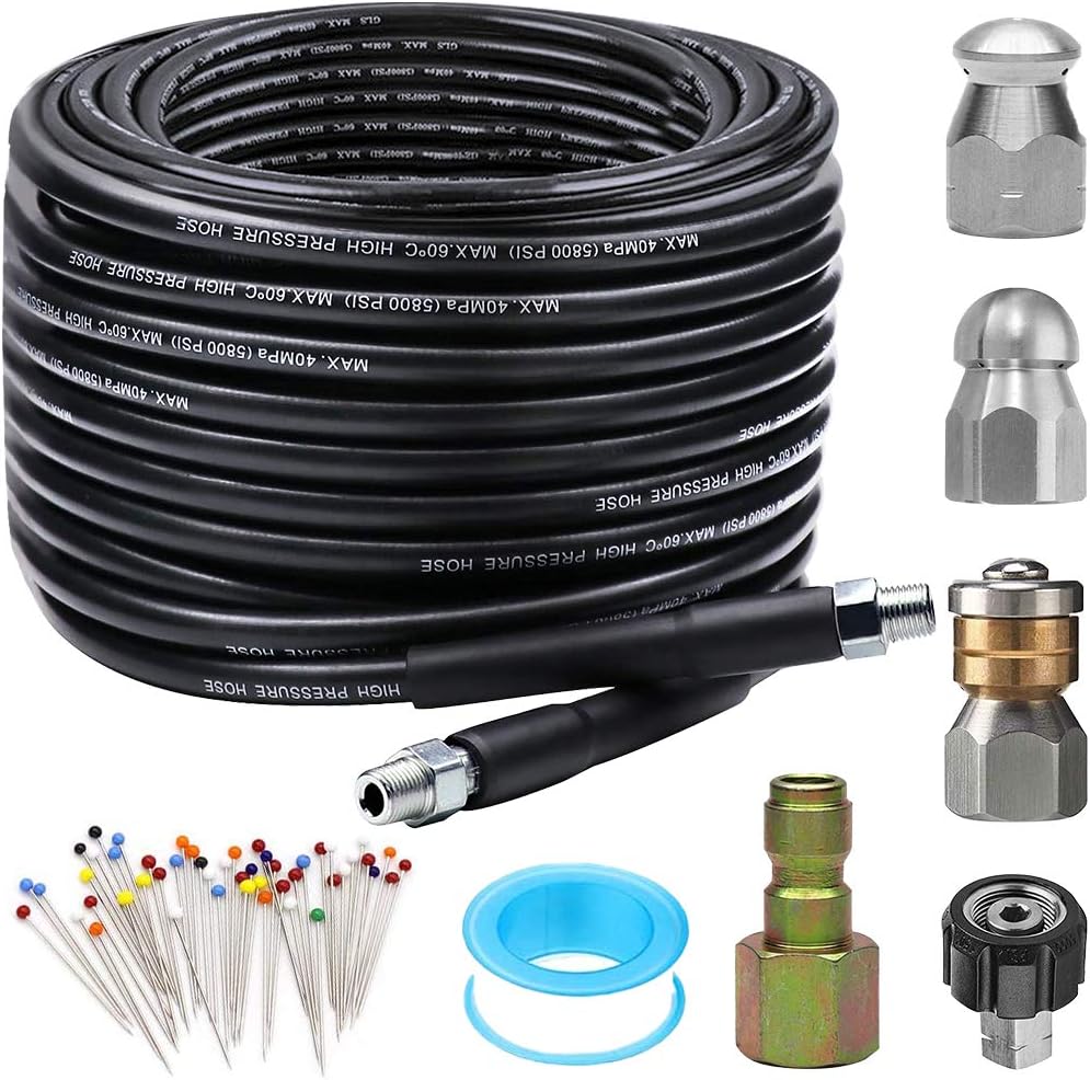 Sewer Jetter Kit for Pressure Washer 100FT, Newest 5800PSI Drain Cleaner Hose 1/4 Inch NPT Corner, Rotating and Button Hose Sewer Jetting Nozzle Pearl Corsage Pin Waterproof Tape with 2 Spanner Pack of 2