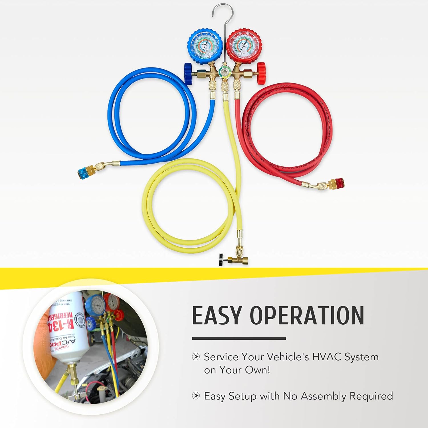 ORION MOTOR TECH AC Gauge, AC Manifold Gauge Set for R134a R12 R22 R502, 3 Way Automotive AC Gauge Set with Antishock Gauges Hoses Couplers & Adapter, Puncturing Can Tap Freon Recharge Kit for HVAC