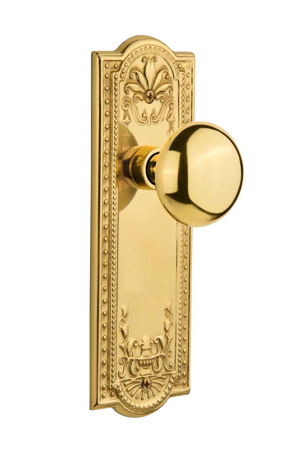 Nostalgic Warehouse 717139 Meadows Plate Privacy New York Door Knob, Unlacquered Brass