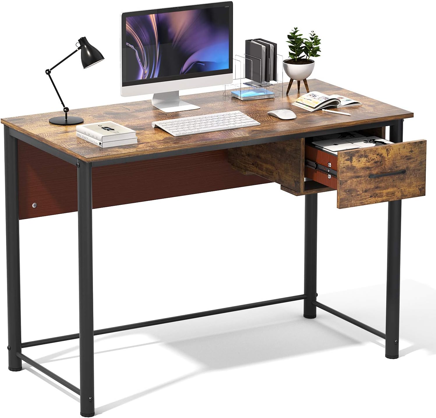 Desk Computer Desk 55 Inch Home Office Study Writing Desk Modern Simple Sturdy PC Laptop Desk Table Gaming Desks Wooden Desk Space Saving Easy to Assemble Desk, Rustic Brown and Black