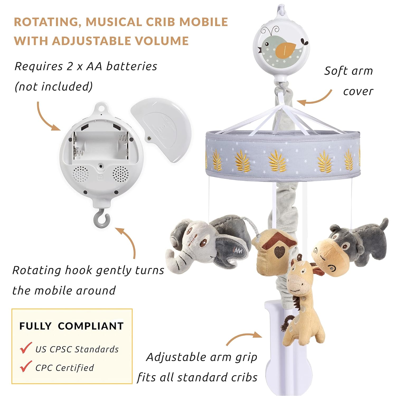 Oberlux Musical Baby Crib Mobile - Jungle Animal Safari Theme Baby Mobile for Crib, Baby Soother, Baby Toys, Crib Toys Animals, Gray, Tan, Pack of 2