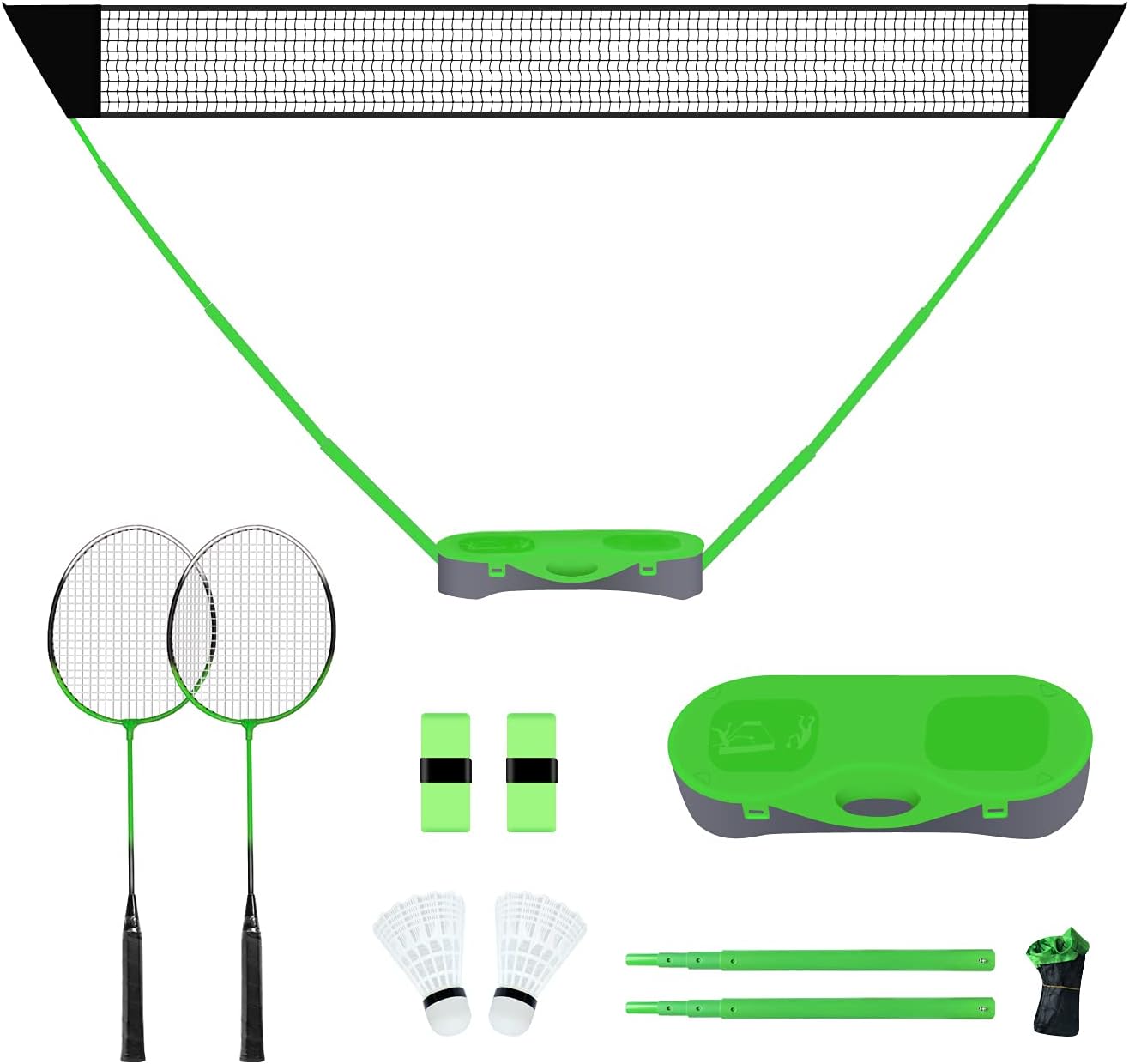 FBSPORT Portable Badminton Net Set with Storage Base, Folding Volleyball Badminton Net with 2 Badminton Rackets 2 Shuttlecocks Griptape 10x5 ft Net, Easy Setup for Beach Backyard Combo Set