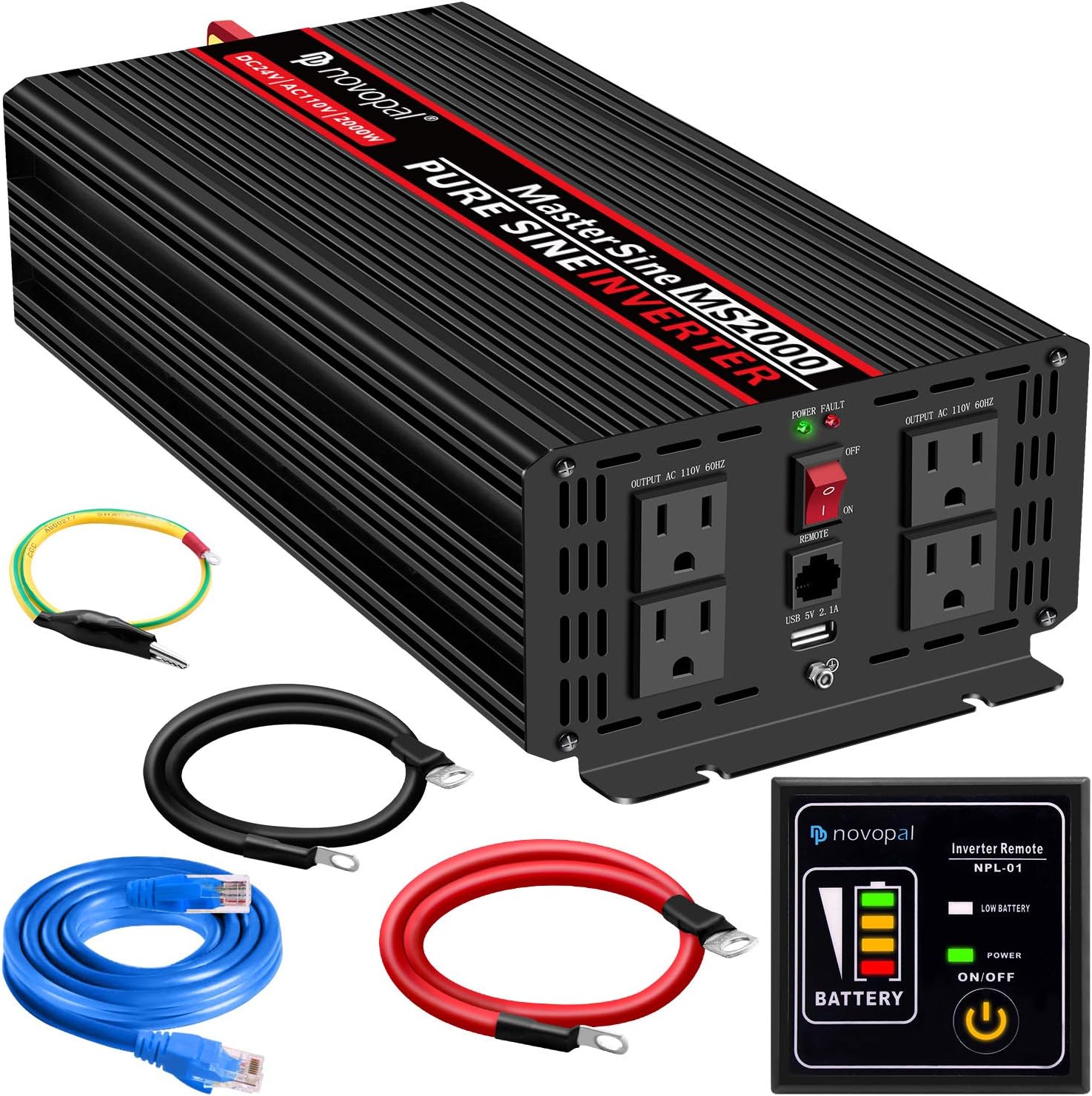 Novopal Power Inverter Pure Sine Wave-2000 Watt 24V DC to 110V/120V AC Converter- 4 AC Outlets Car Inverter with One USB Port-16.4 Feet Remote Control and Two Cooling Fans-Peak Power 4000 Watt