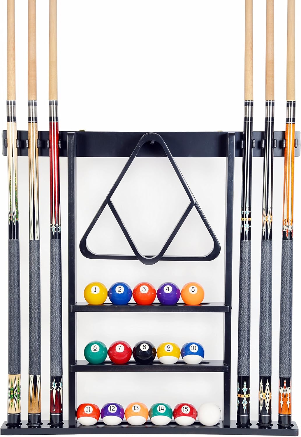 Cue Rack Only- 6 Pool Billiard Stick + Ball Set Wall Rack Holder Made of 100% Wood Choose Mahogany, Dark oak or Black Finish Pack of 2