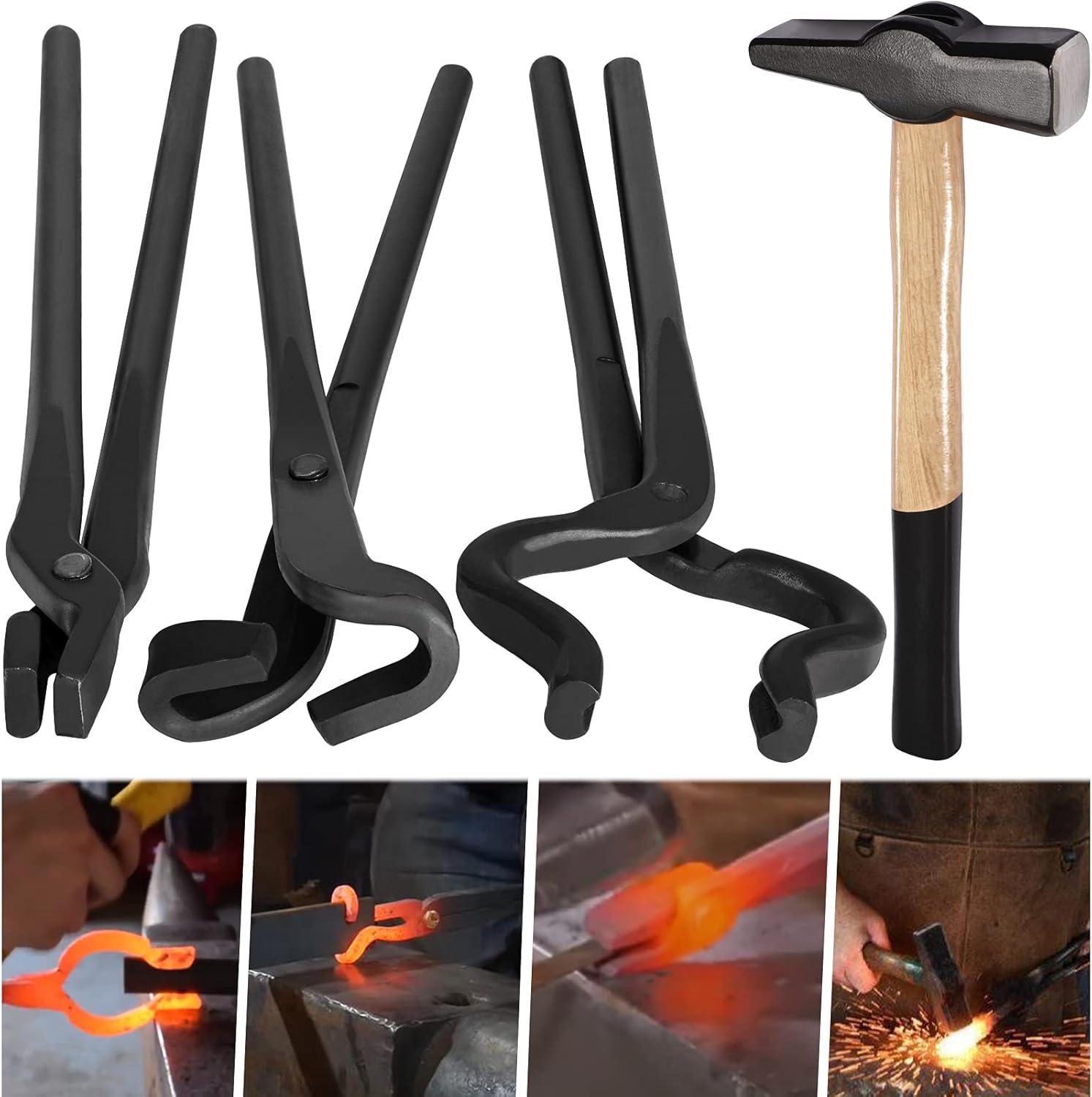 Knife Making Tongs Set & Blacksmiths&rsquo; Hammer 0000811-1000 Perfect for Assembled Bladesmith Blacksmith Forge Tong Tools Set Vise Tools Anvil Hammer (4-Pieces)