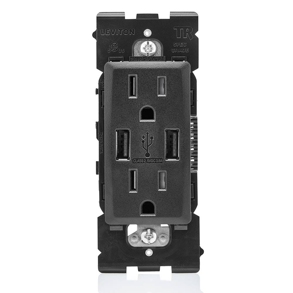 Leviton Ruaa1-ob Renu 15-Amp USB Charger Tamper-Resistant Duplex Outlet Onyx Black