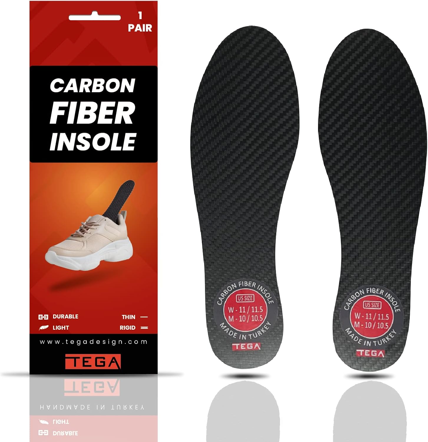 TEGA Carbon Fiber Insole (1 Pair) - for Turf Toe, Foot Fractures, Hallux Rigidus and Limitus - Rigid Shoe Insert for Sports, Hiking, Trekking, Basketball, Running - Alternative to Post Op Shoe (265mm)