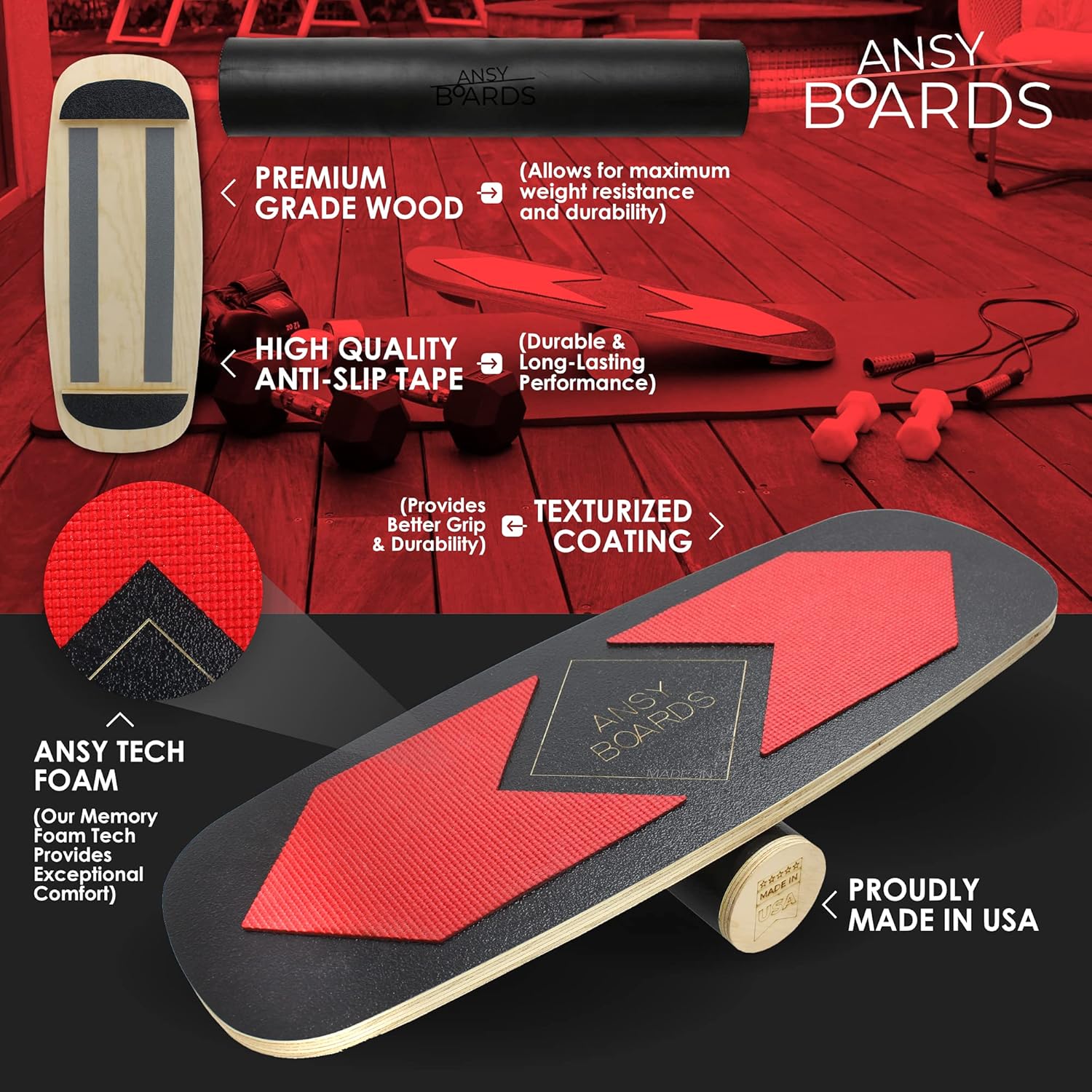 Ansy Boards Premium Wooden Balance Board Trainer, Surf Balance Board, Hockey and Snowboard Practice, With Soft Foam and Anti Slip Grip for Exercise Balance Stability and Strength Trainer, Made in USA