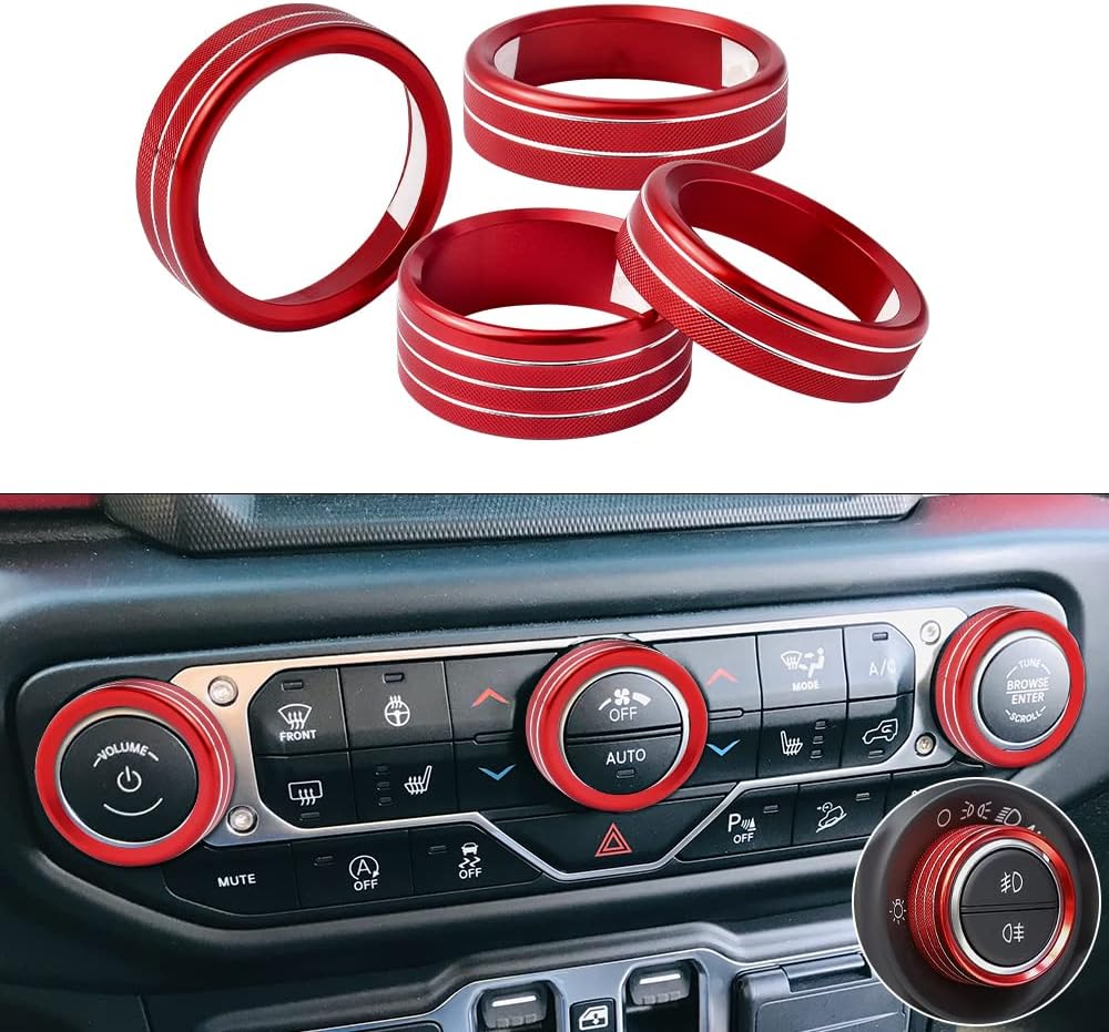 YFRAUTO for 4PCS Jeep Wrangler JL Accessories Air Conditioner Knob Automotive Headlight Covers Switch Button Sticker Red Car Decor 2018-2021 Jeep Interior Trim