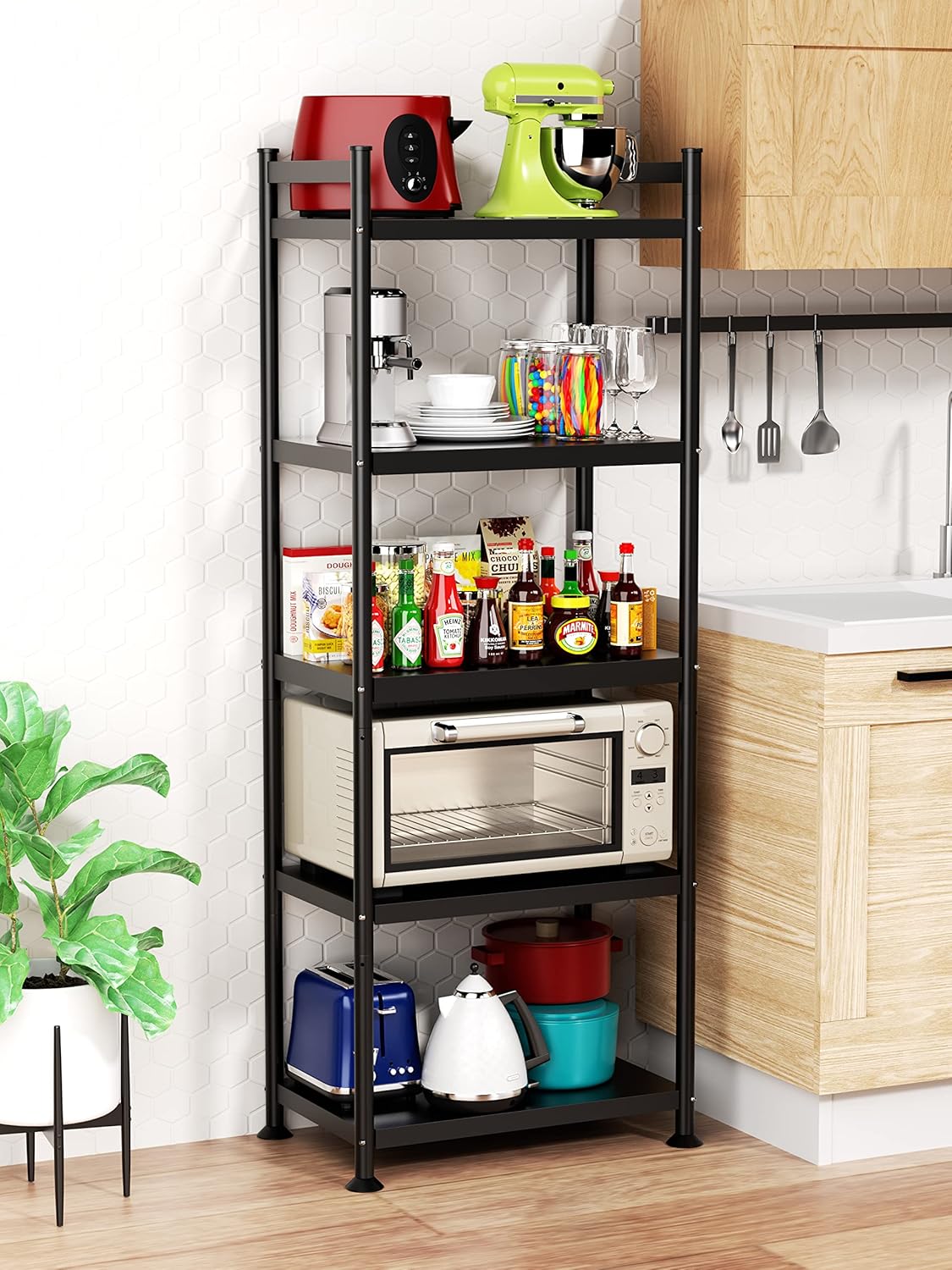 Kitchen Baker's Rack, iBune 5-Tier Heavy Duty Shelving Unit Storage Shelf with Rolling Wheels , Adjustable Shelving Metal Storage Rack for Kitchen Living Room Office (23.6 L x 14.6 W x 53.1 H)