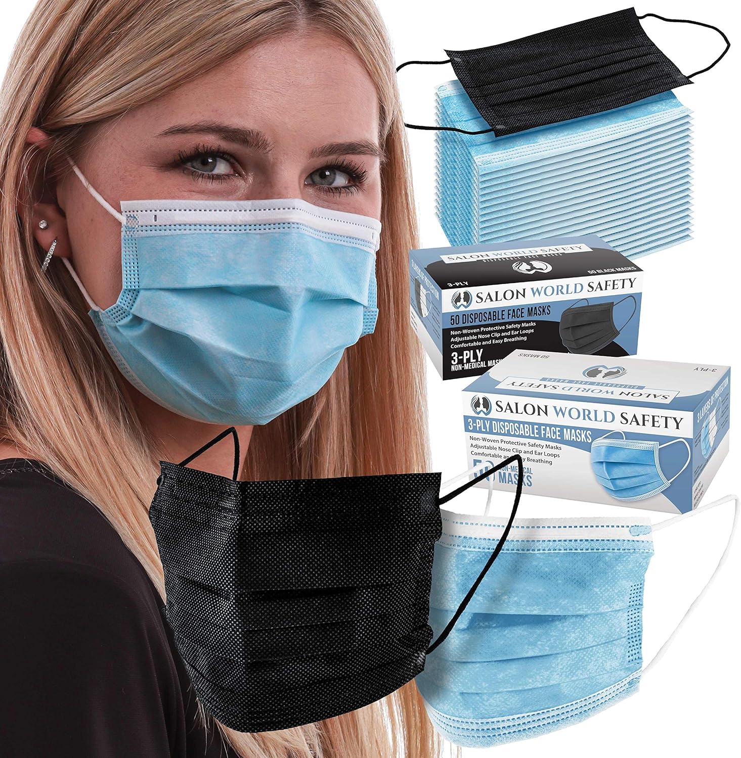 TCP Global Salon World Safety - Aqua Face Masks 10 Boxes (500 Masks) Breathable Disposable 3-Ply Protective PPE with Nose Clip and Ear Loops