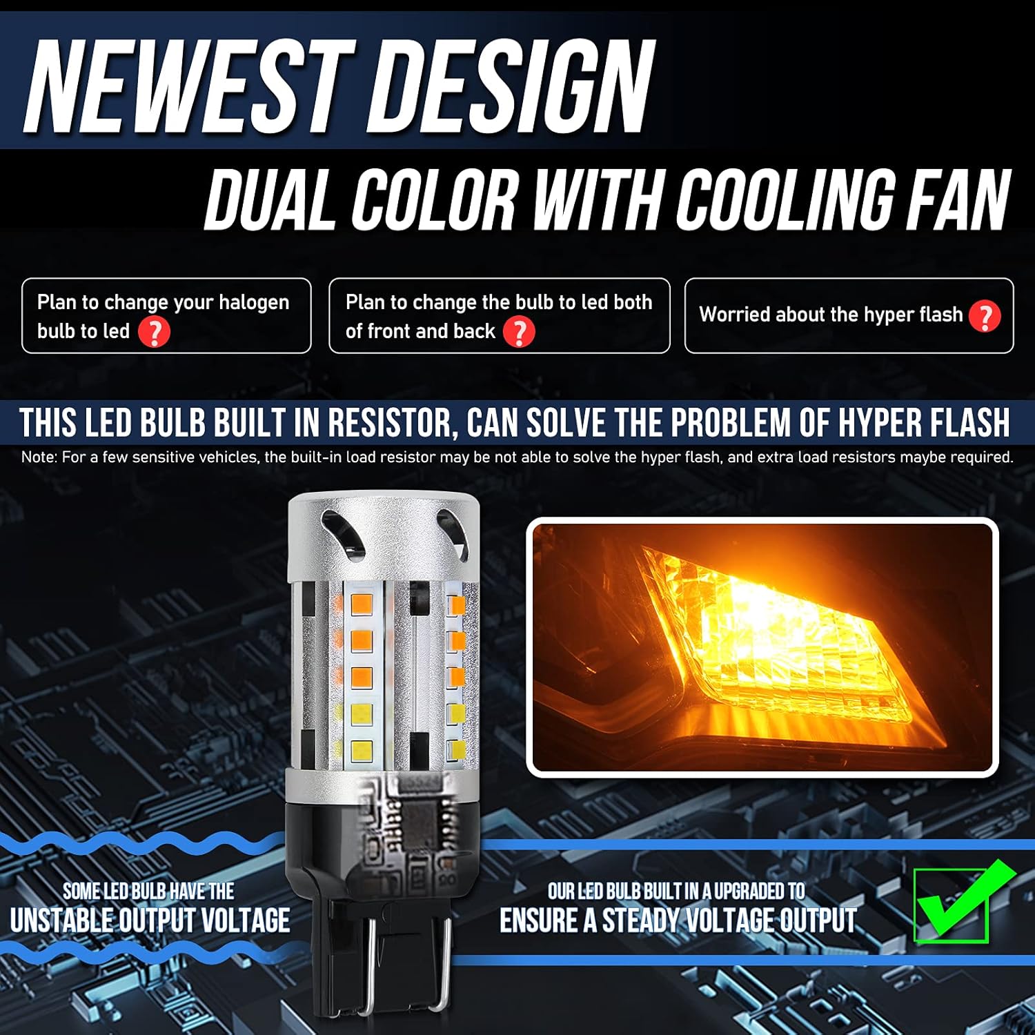 7443 Switchback Led Bulbs With Cooling Fan, Canbus Error Free Built In Resistor,25-Led, Amber Turn Signal Light, White Side Light, 12-24V, 360 Luminous, 2PC Pack Bulb (F4S 7443-25SMD)