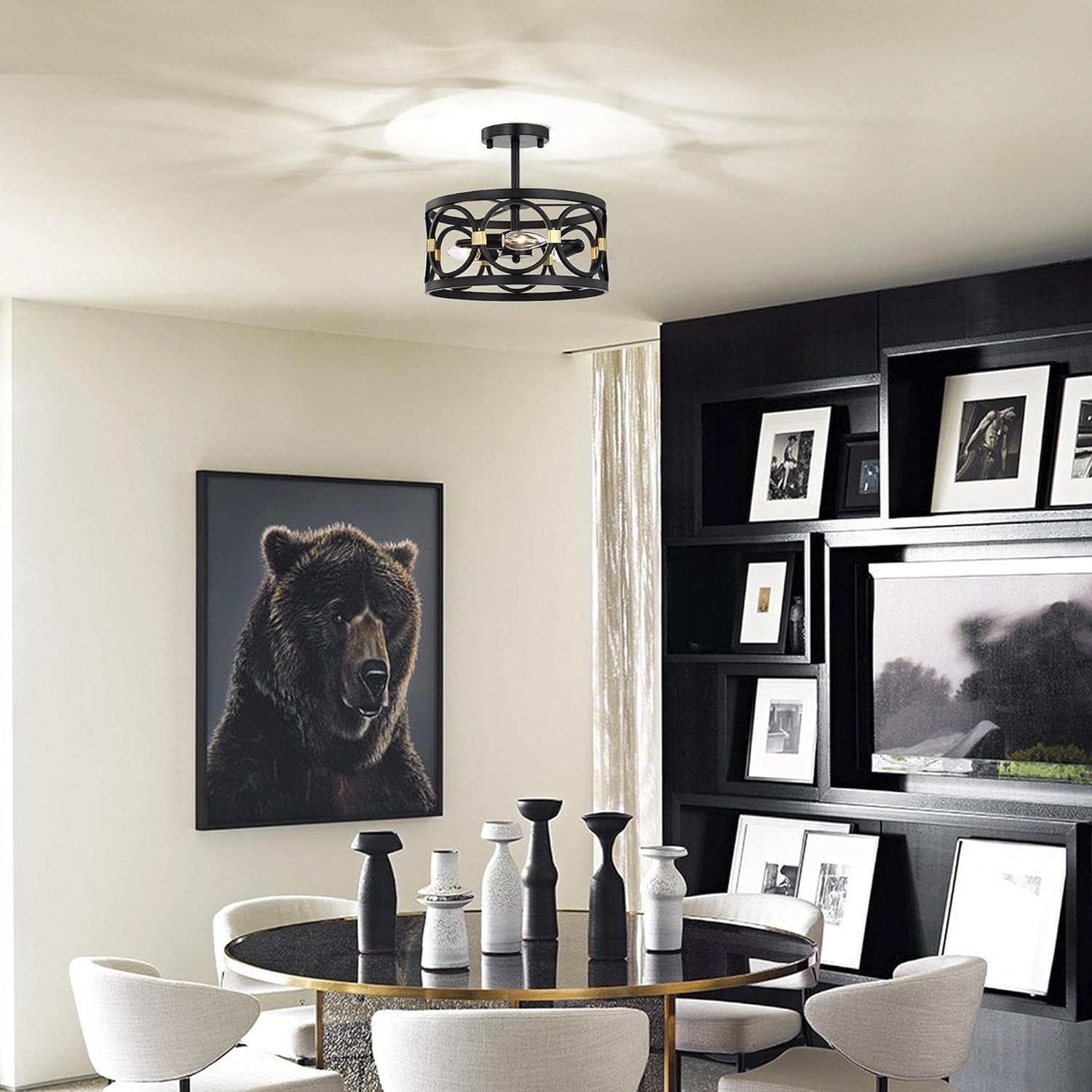 Black and Gold Chandelier Modern Semi Flush Mount Light Fixture 3 Light Flush Mount Ceiling Light Farmhouse Flush Mount Chandelier